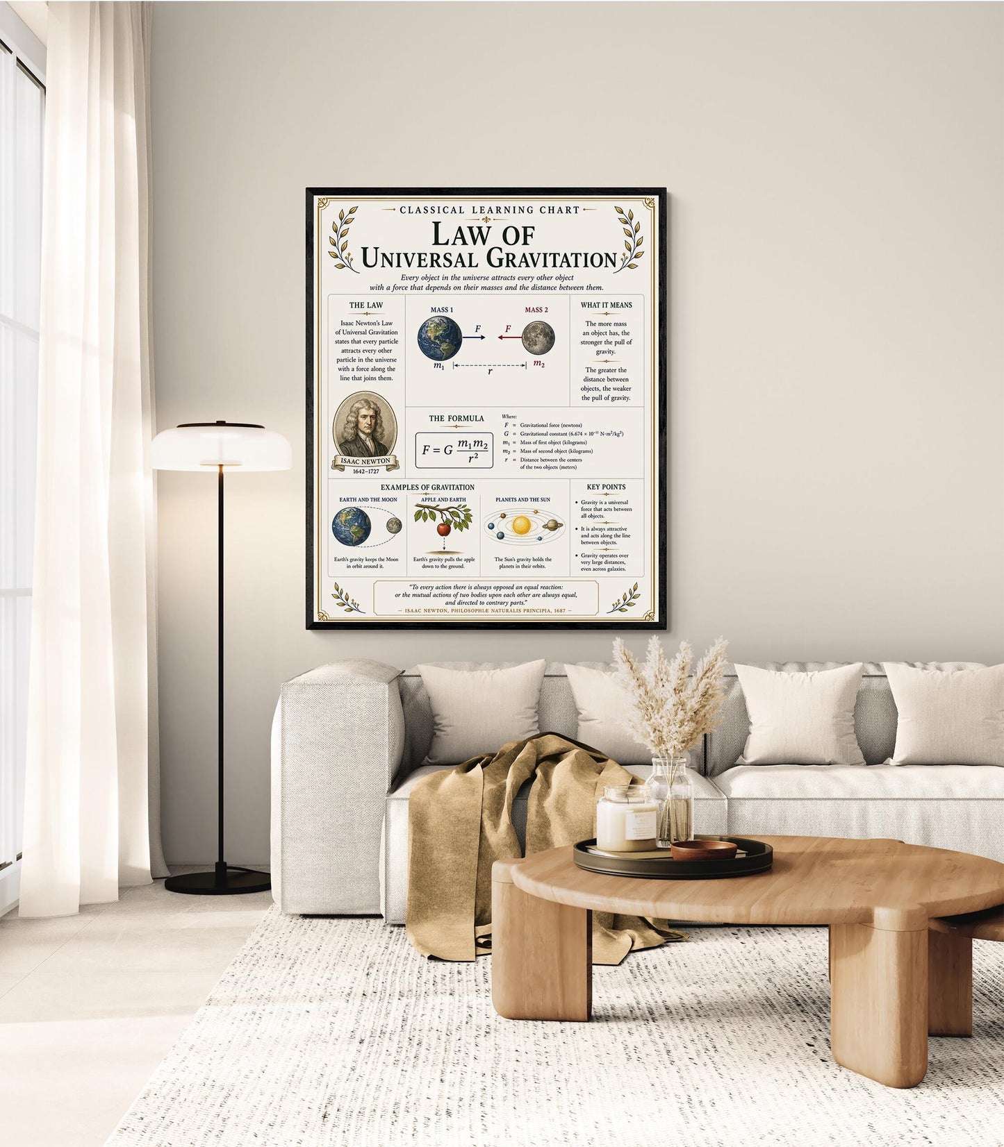 Law of Universal Gravitation Chart Wall Art Print, Classical Learning Poster, Teacher Classroom Reference, Homeschool, Science Room Decor