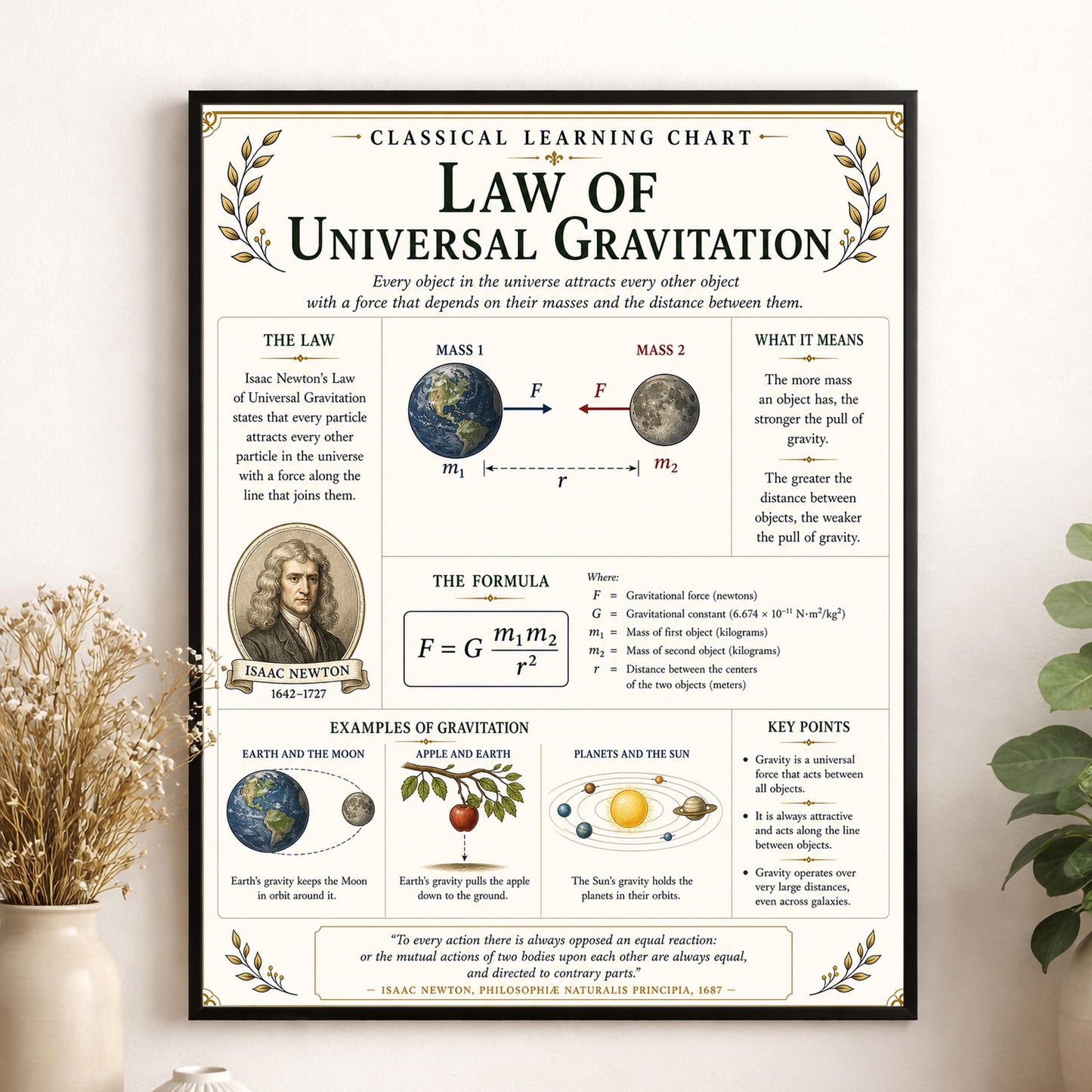 Law of Universal Gravitation Chart Wall Art Print, Classical Learning Poster, Teacher Classroom Reference, Homeschool, Science Room Decor