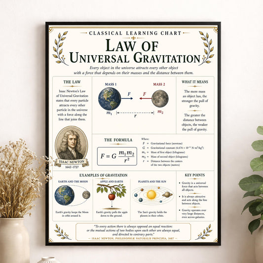 Law of Universal Gravitation Chart Wall Art Print, Classical Learning Poster, Teacher Classroom Reference, Homeschool, Science Room Decor