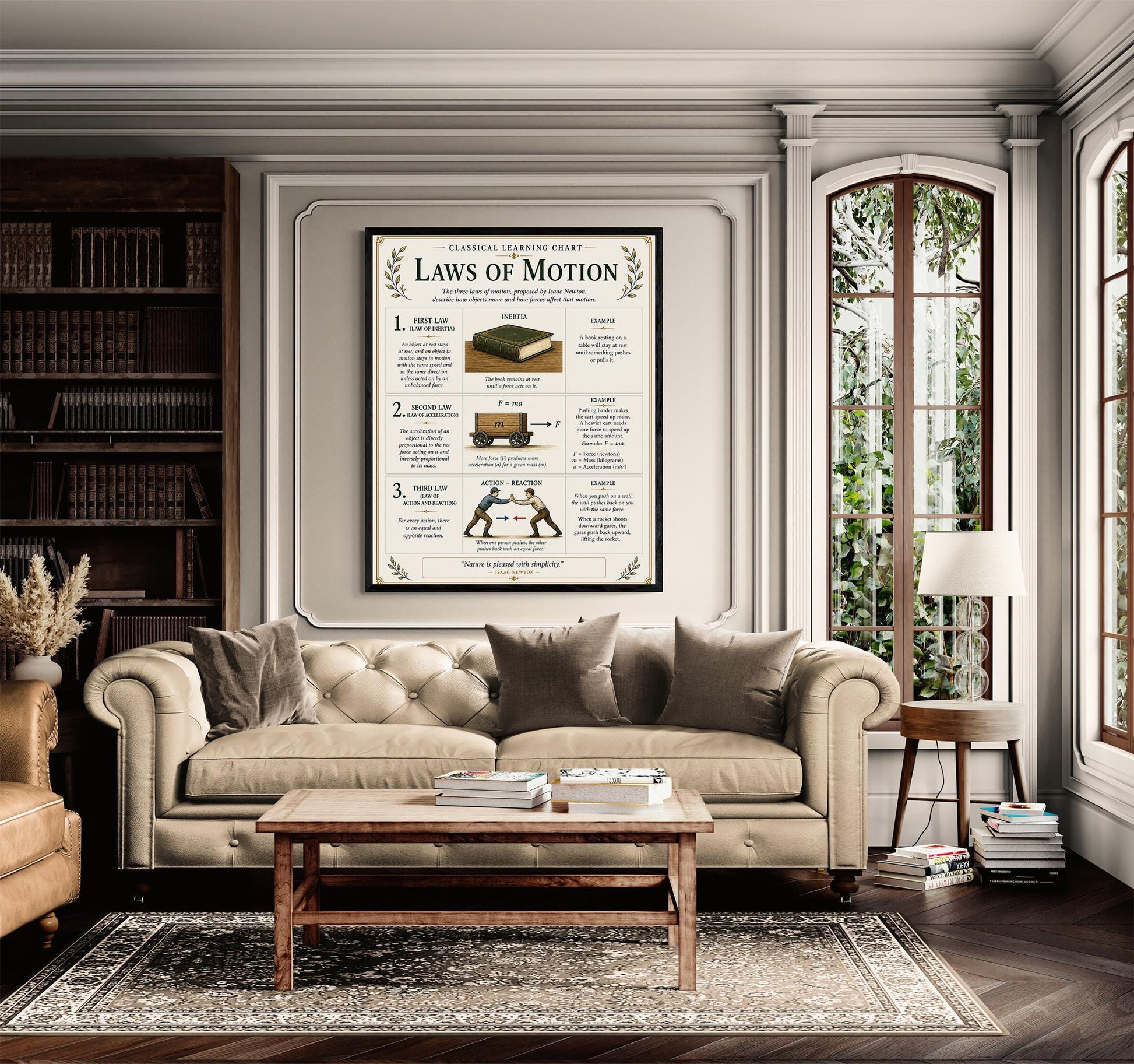 Newton’s Laws of Motion Chart Wall Art Print, Classical Learning Poster, STEM Teacher Classroom Reference, Homeschool, Science Room Decor