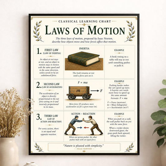 Newton’s Laws of Motion Chart Wall Art Print, Classical Learning Poster, STEM Teacher Classroom Reference, Homeschool, Science Room Decor