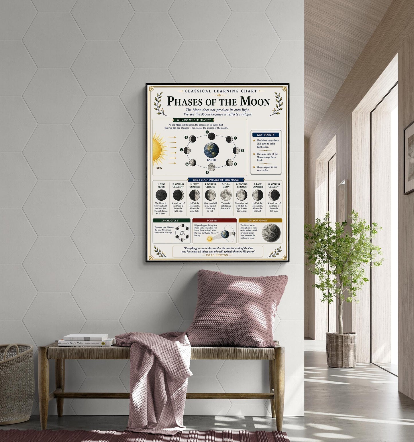 Phases of the Moon Astronomy Chart Wall Art Print, Classical Learning Poster, Teacher Classroom Reference, Homeschool, Science Room Decor