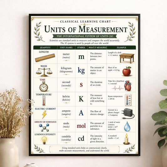 SI Units of Measurement Chart Wall Art Print, Classical Learning Poster, Teacher Classroom Reference, Homeschool, Science Metric Room Decor