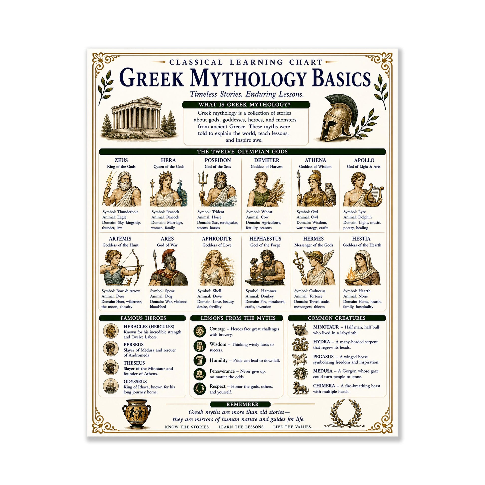 Greek Mythology Chart Wall Art Print, Classical Learning Poster, Teacher Classroom Reference, Homeschool, History Civilization Room Decor