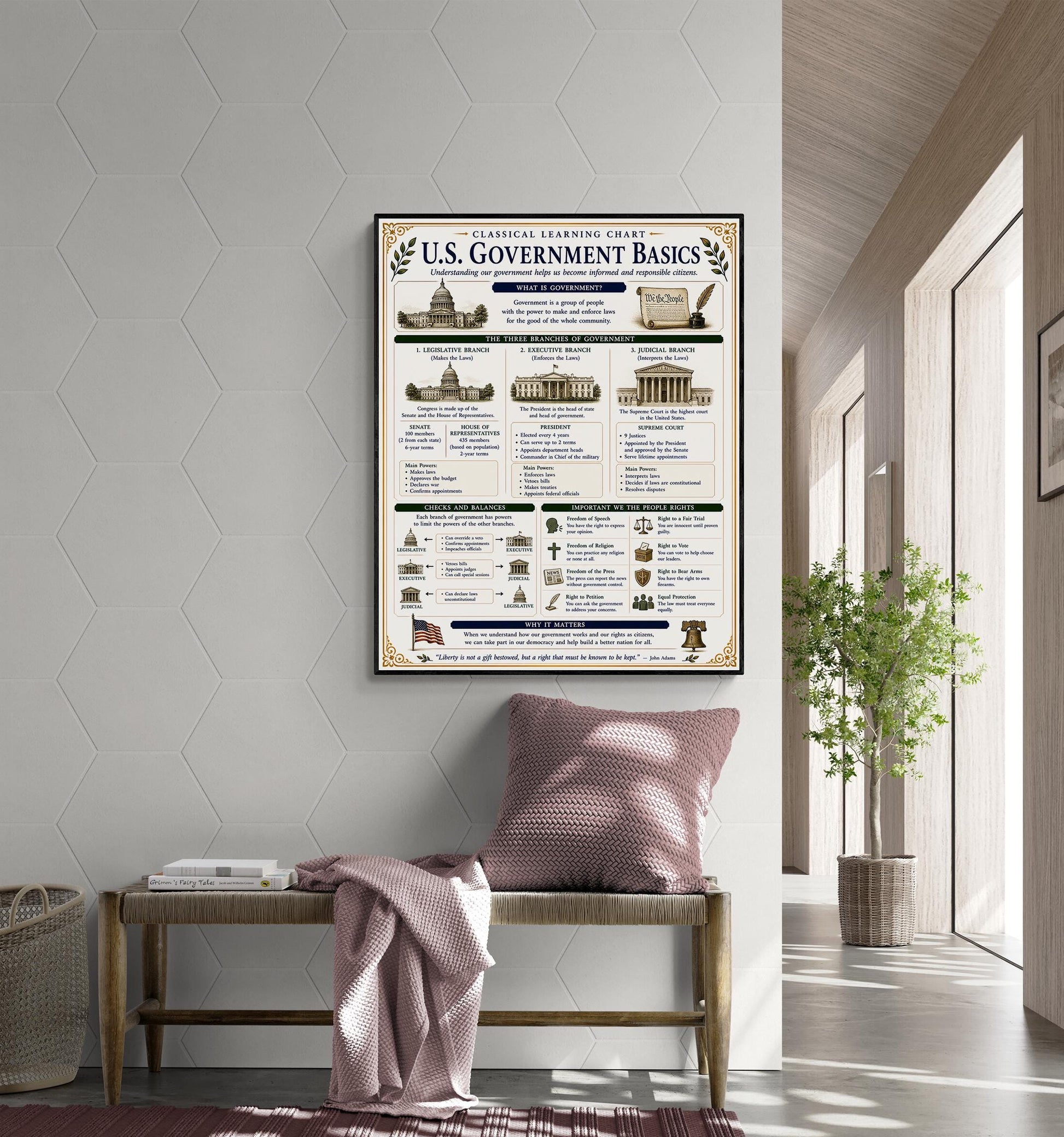 Basics of US Government Chart Wall Art Print, Classical Learning Poster, History Teacher Classroom Reference, Homeschool, Civics Room Decor
