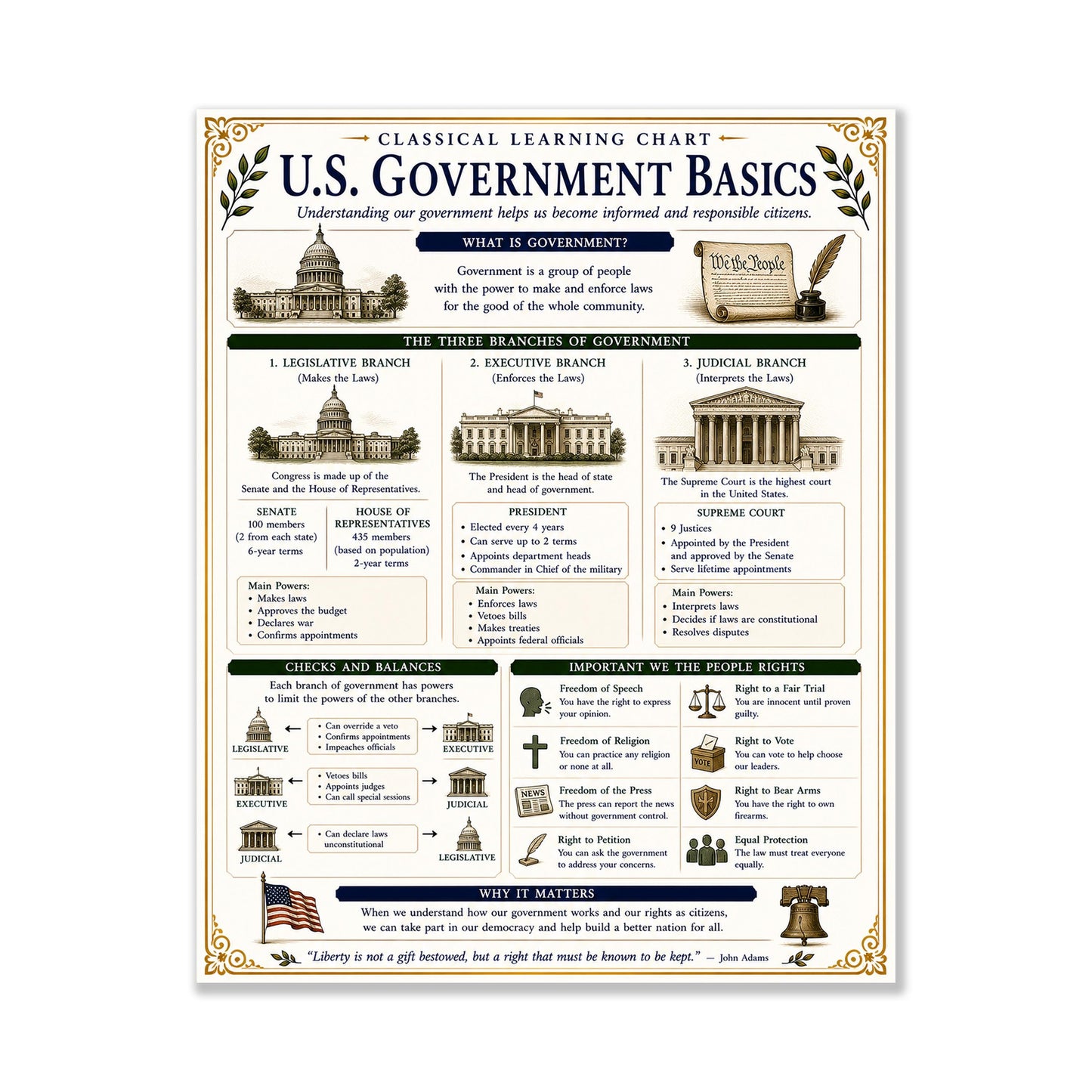 Basics of US Government Chart Wall Art Print, Classical Learning Poster, History Teacher Classroom Reference, Homeschool, Civics Room Decor