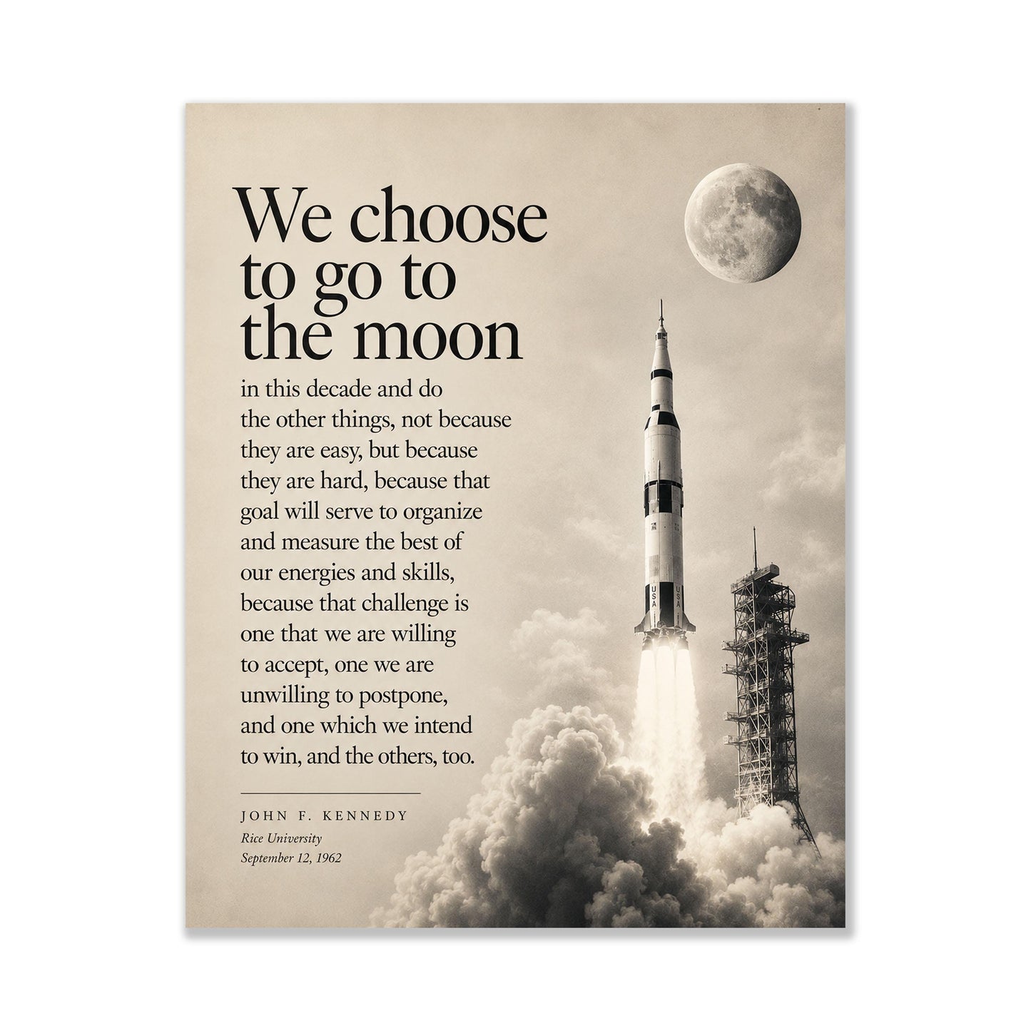 JFK Moon Speech Art Print, We Choose to Go to the Moon Quote, Apollo Program Wall Art, Space Exploration Home Decor, NASA Inspired Print
