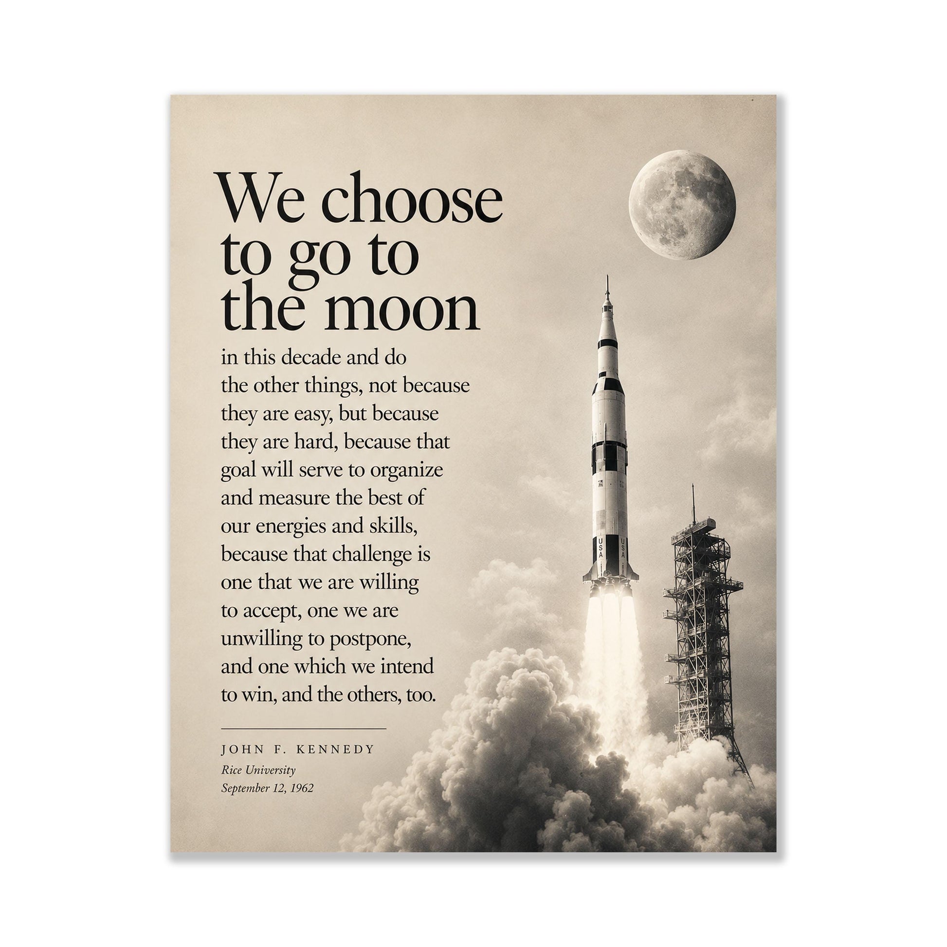 JFK Moon Speech Art Print, We Choose to Go to the Moon Quote, Apollo Program Wall Art, Space Exploration Home Decor, NASA Inspired Print