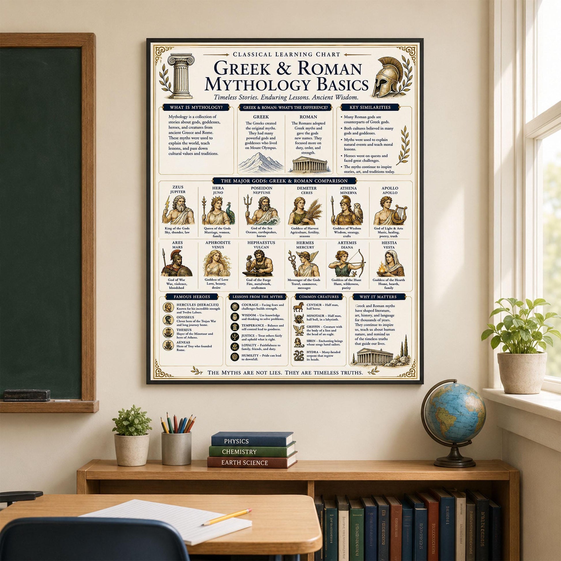 Greek And Roman Mythology Chart Wall Art Print, Classical Learning Poster, Teacher Classroom Reference, History Civilization Room Decor