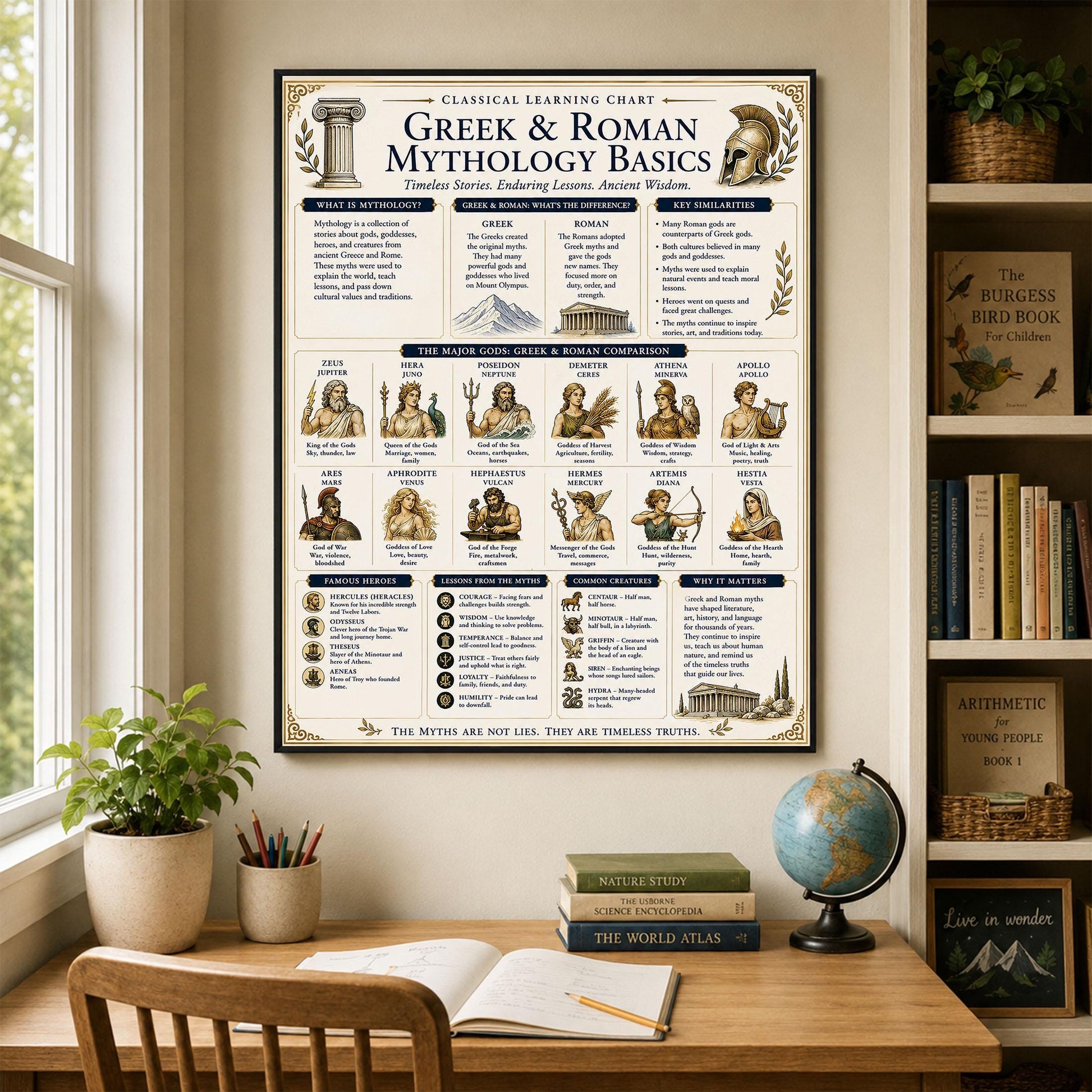 Greek And Roman Mythology Chart Wall Art Print, Classical Learning Poster, Teacher Classroom Reference, History Civilization Room Decor