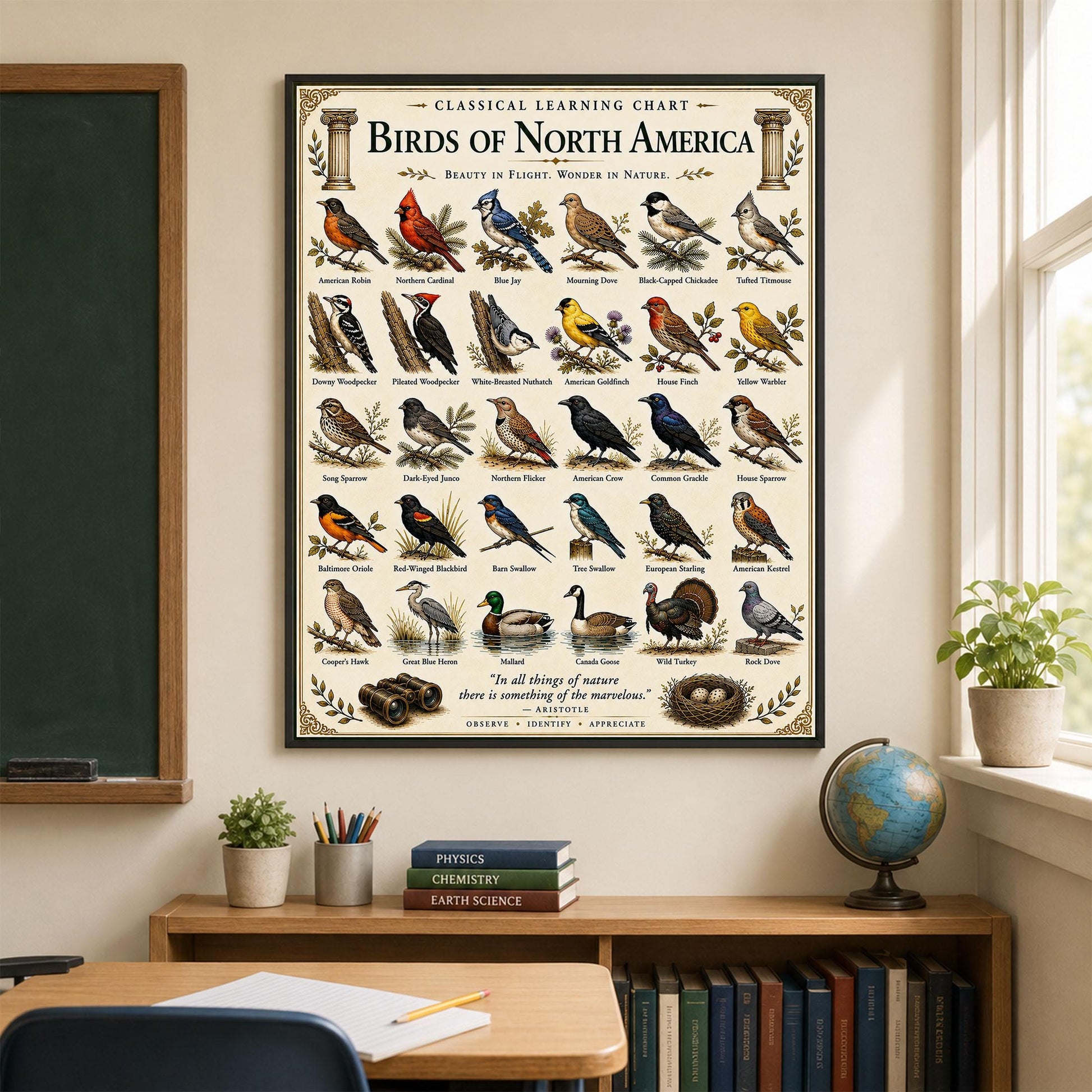 Birds of North America Chart Wall Art Print, Classical Learning Poster, Teacher Classroom Reference, Homeschool, Science Birdwatching Decor