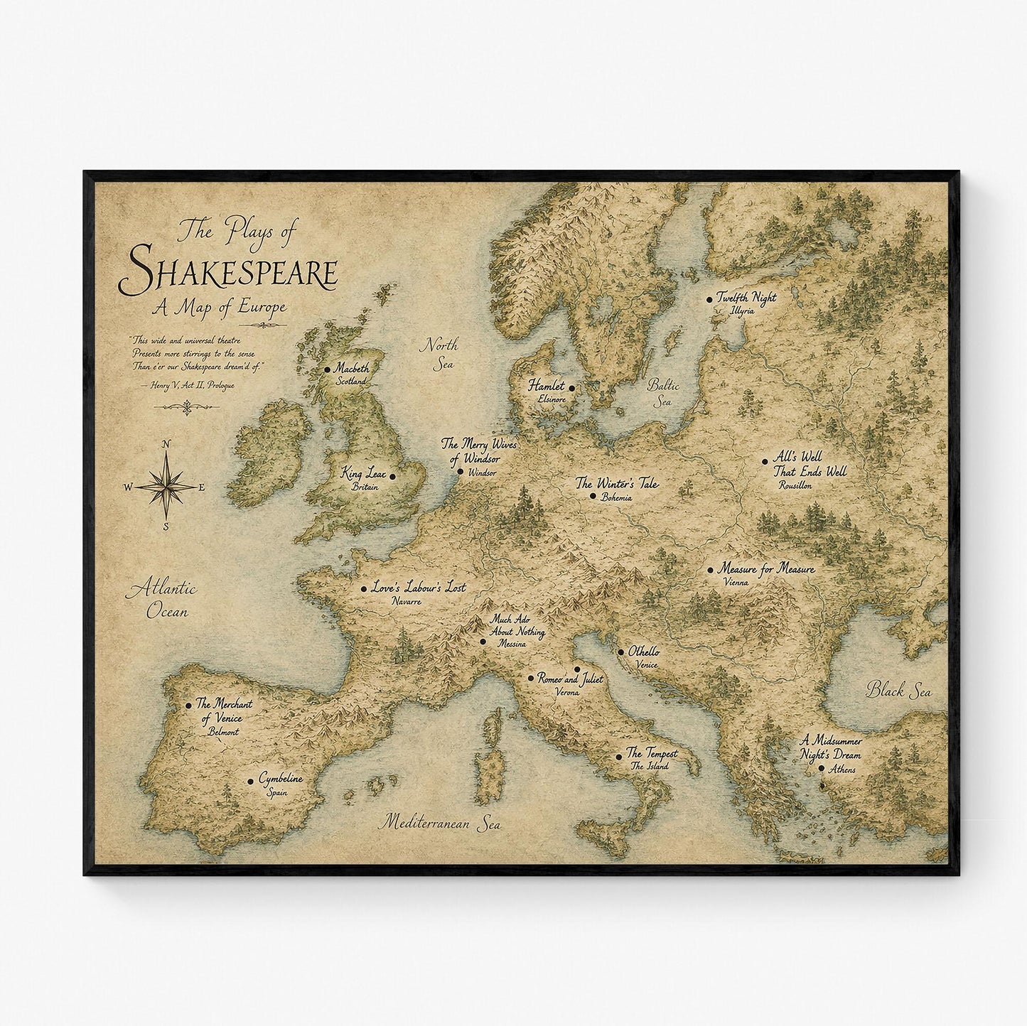 Shakespeare Plays Map of Europe Wall Art Print | Literary Poster | English Teacher Gift | Classroom Home Decor