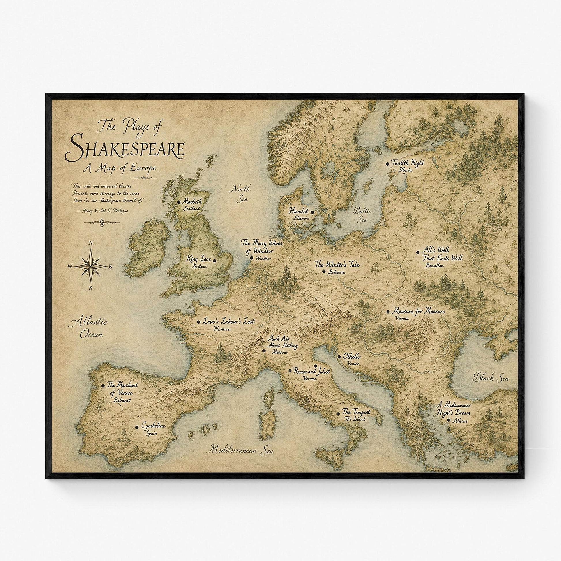Shakespeare Plays Map of Europe Wall Art Print | Literary Poster | English Teacher Gift | Classroom Home Decor