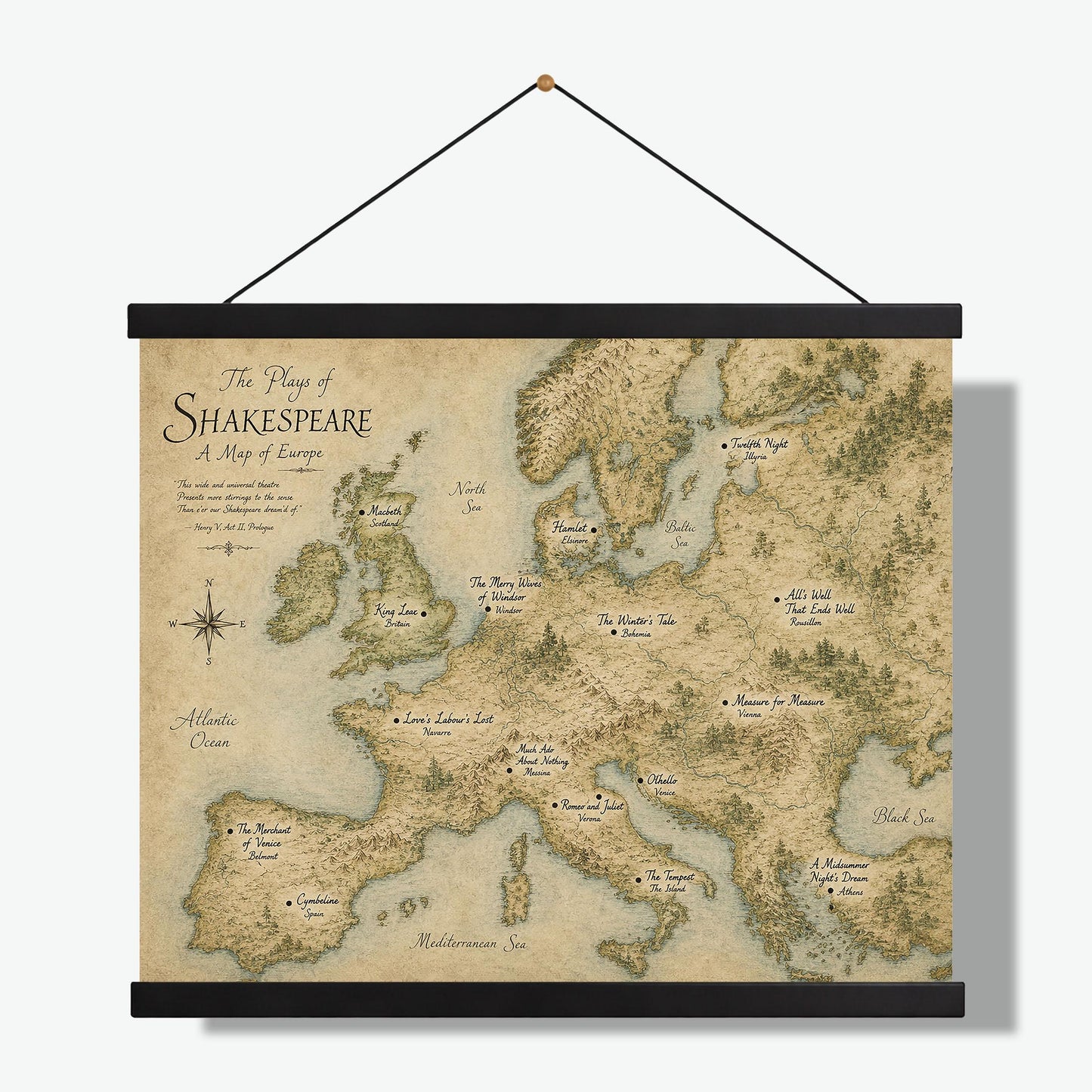 Shakespeare Plays Map of Europe Wall Art Print | Literary Poster | English Teacher Gift | Classroom Home Decor
