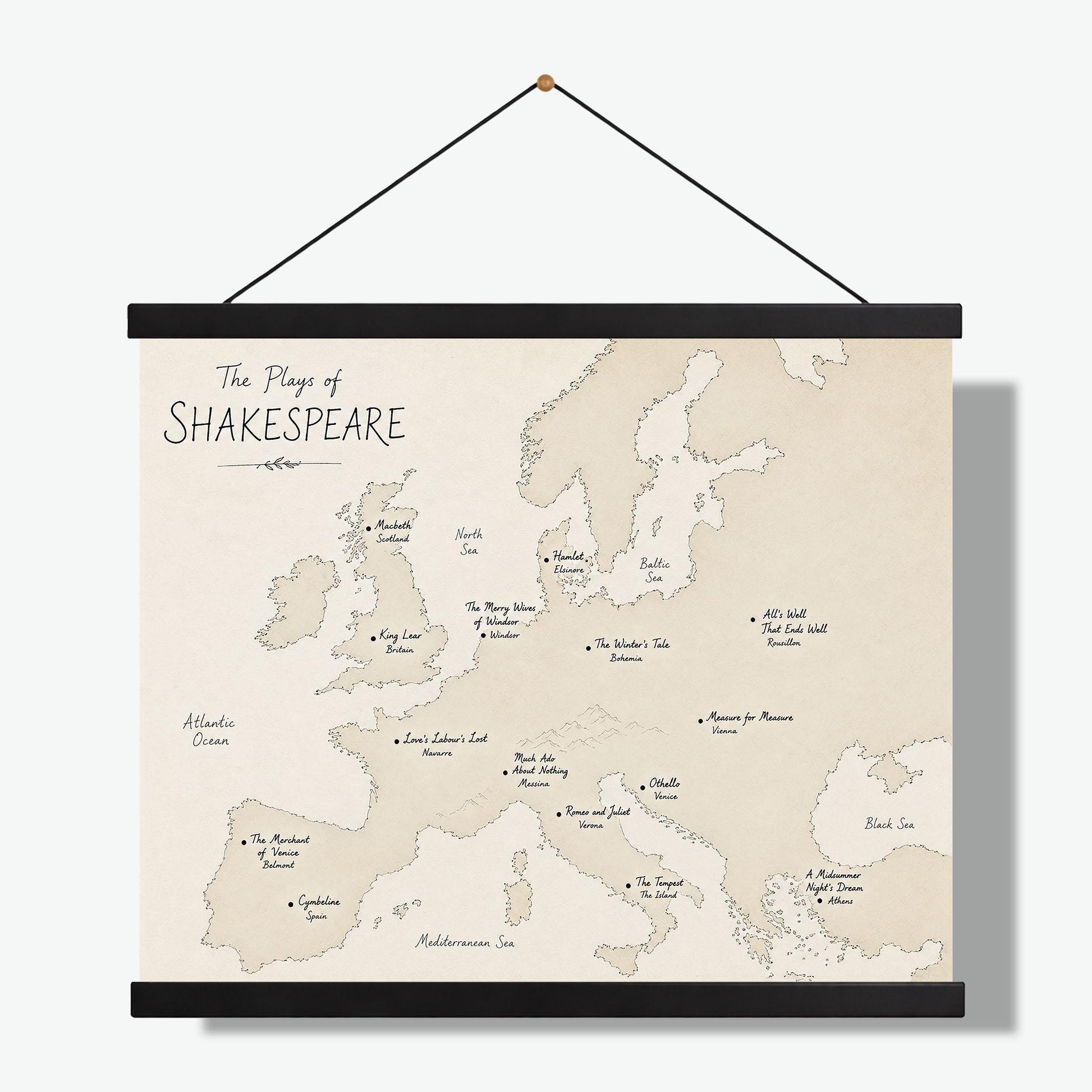 Shakespeare Plays Map of Europe Wall Art Print | Literary Poster | English Teacher Gift | Classroom Simple Home Decor