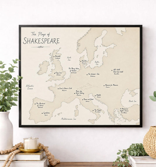 Shakespeare Plays Map of Europe Wall Art Print | Literary Poster | English Teacher Gift | Classroom Simple Home Decor