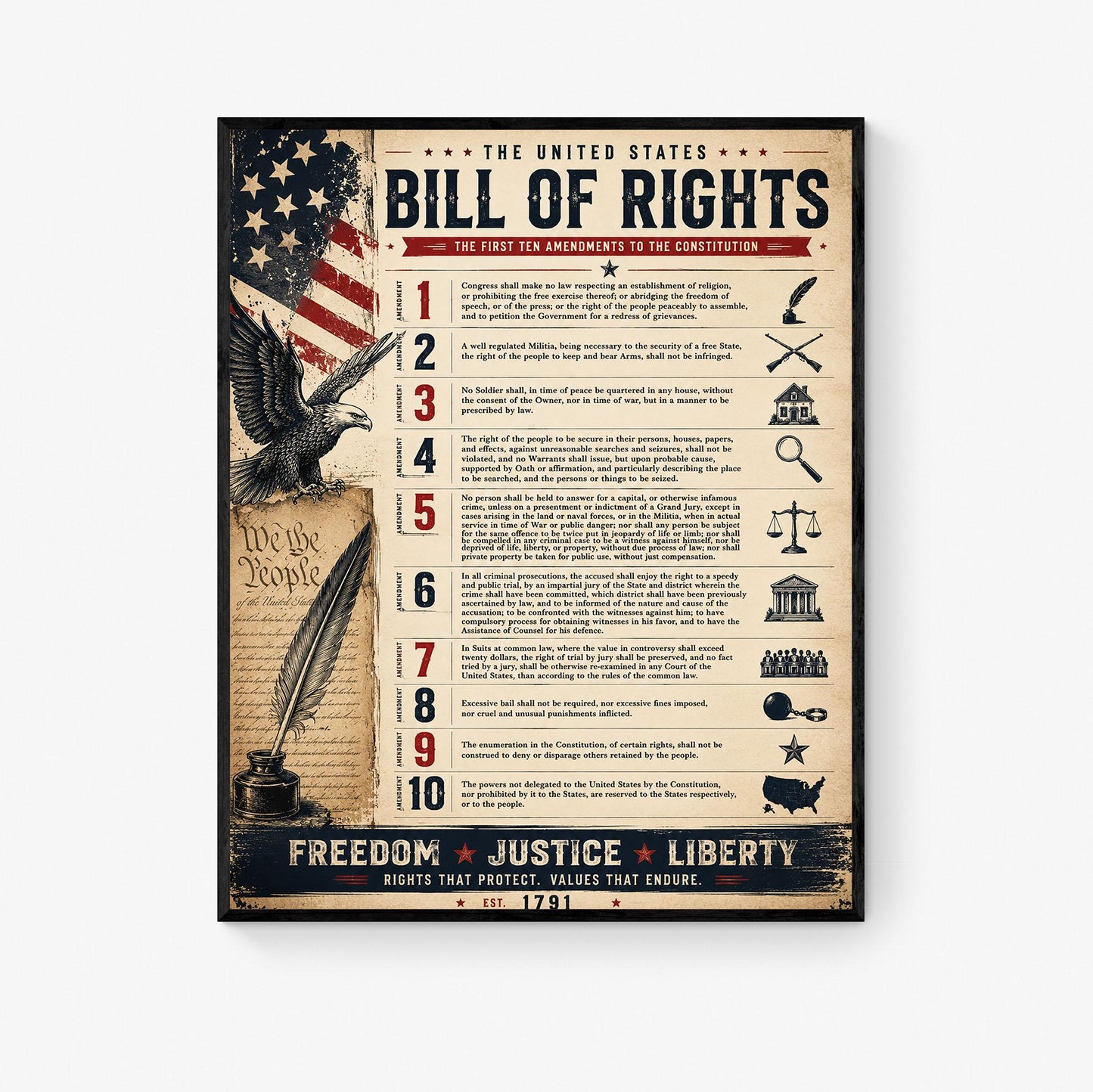 Bill of Rights Wall Art Print | American Constitutional Amendments | Historical Americana | Civics Classroom | Freedom Patriotic Home Decor