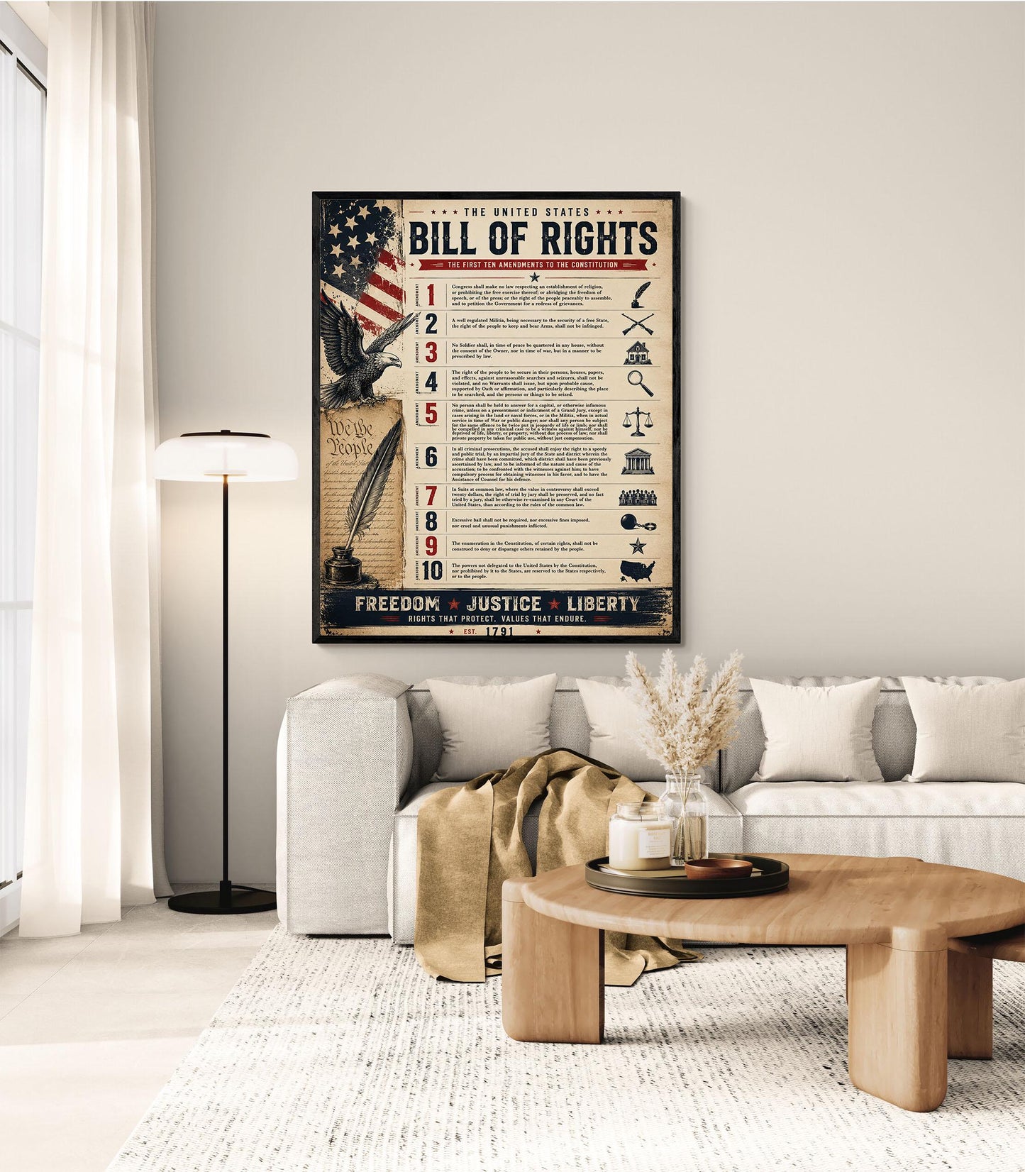 Bill of Rights Wall Art Print | American Constitutional Amendments | Historical Americana | Civics Classroom | Freedom Patriotic Home Decor