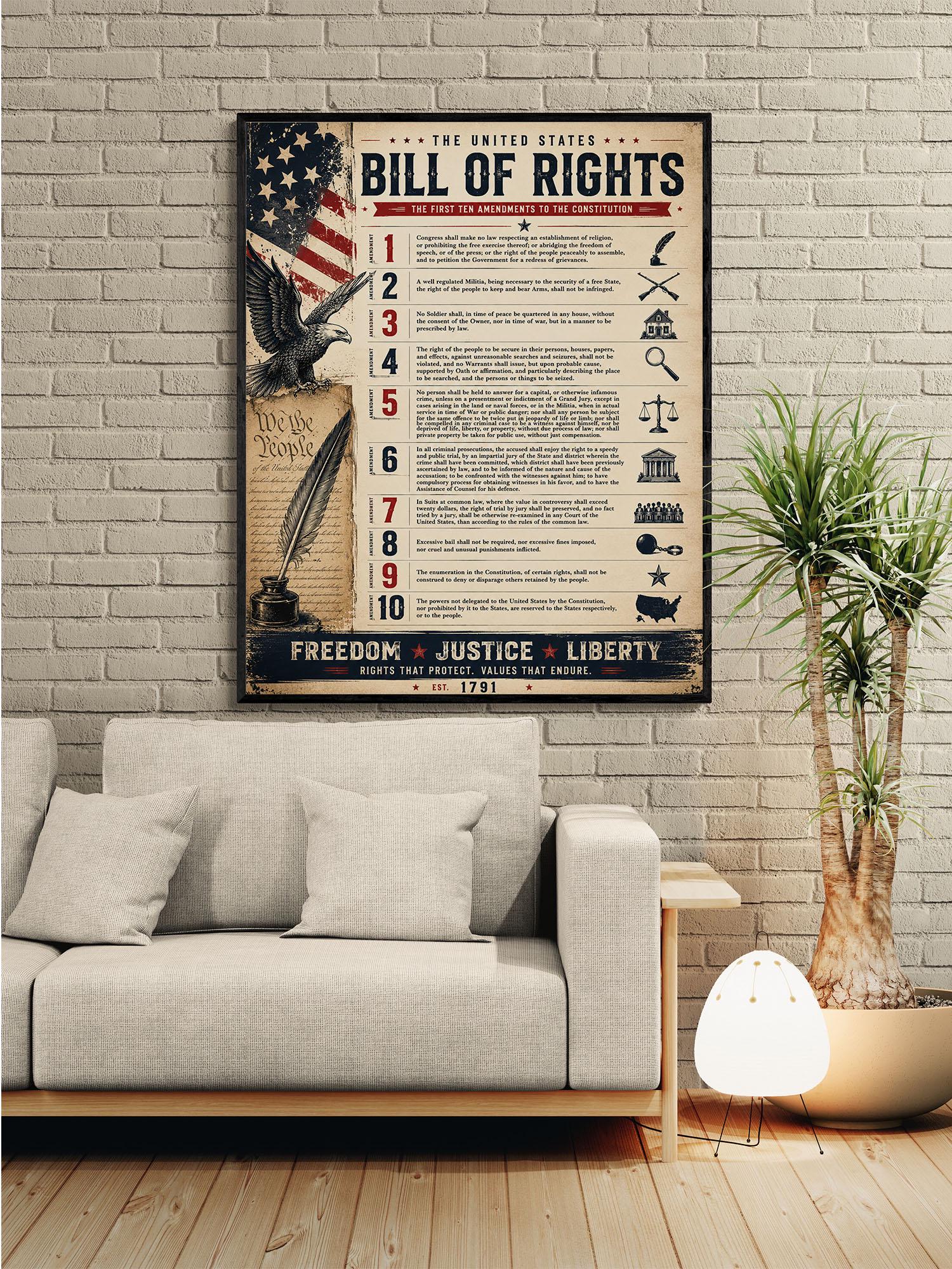 Bill of Rights Wall Art Print | American Constitutional Amendments | Historical Americana | Civics Classroom | Freedom Patriotic Home Decor