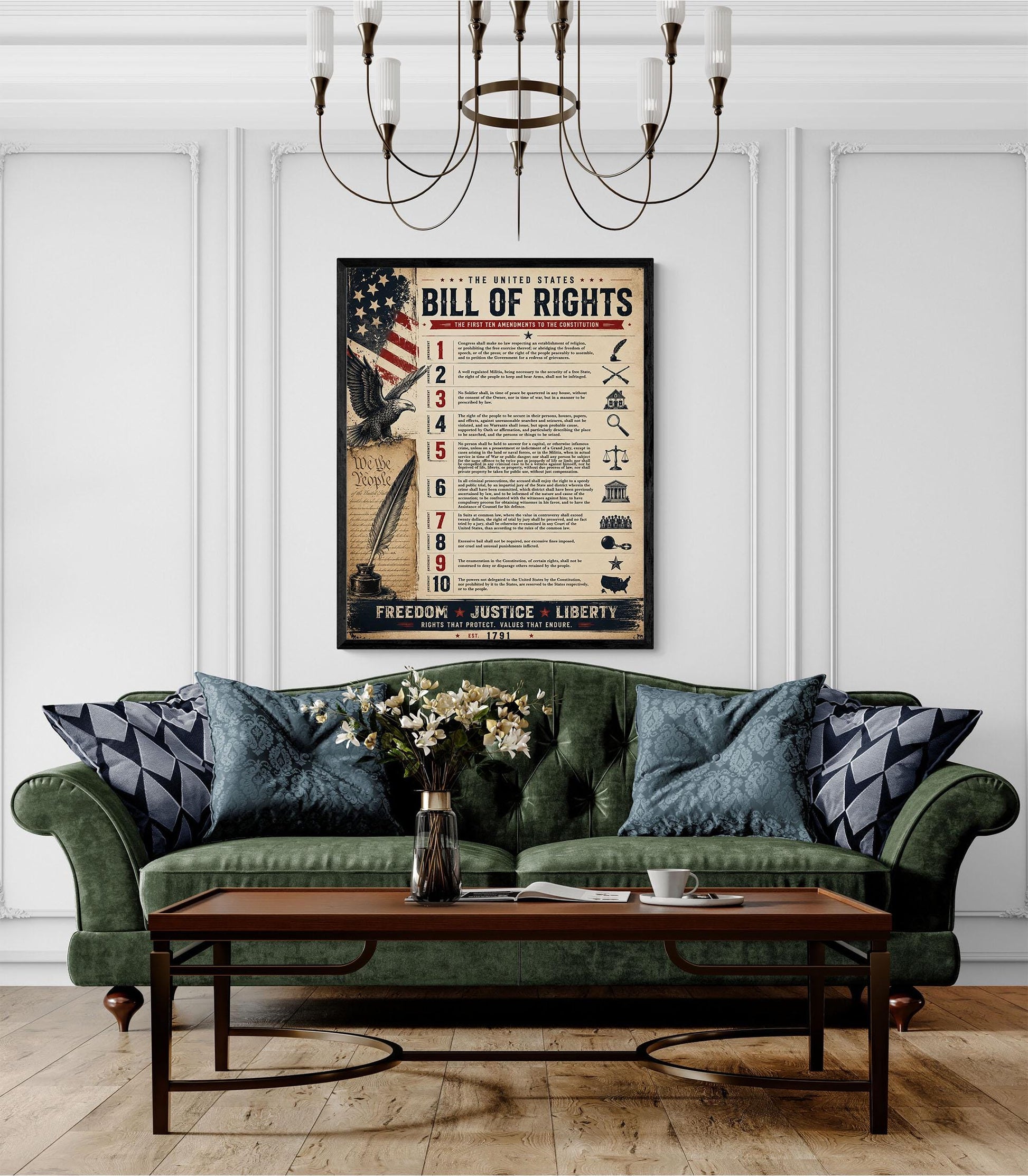 Bill of Rights Wall Art Print | American Constitutional Amendments | Historical Americana | Civics Classroom | Freedom Patriotic Home Decor