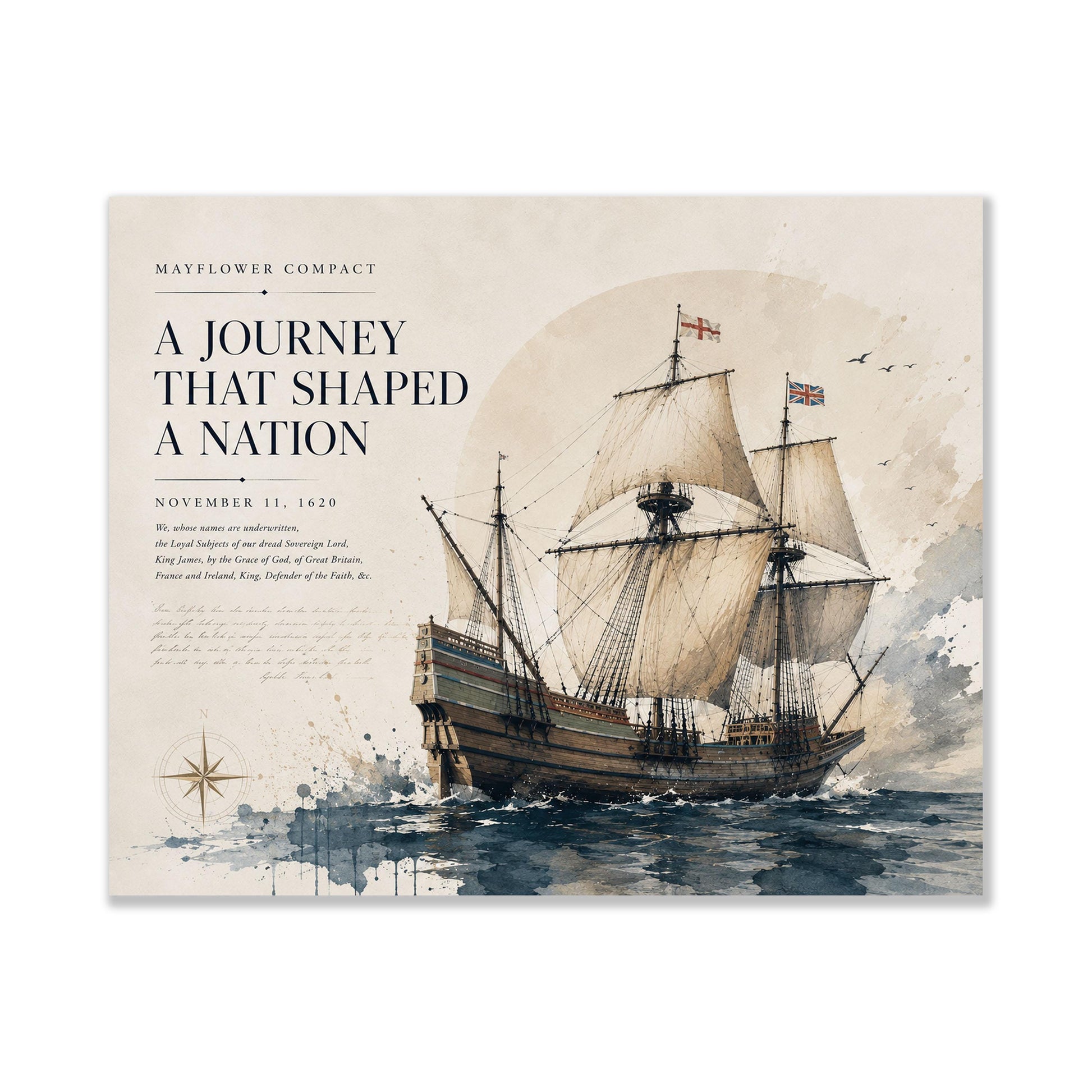 Mayflower Compact Wall Art Print, Pilgrim Ship Watercolor, American History Home Decor, Colonial Maritime Artwork, Founding Documents Gift