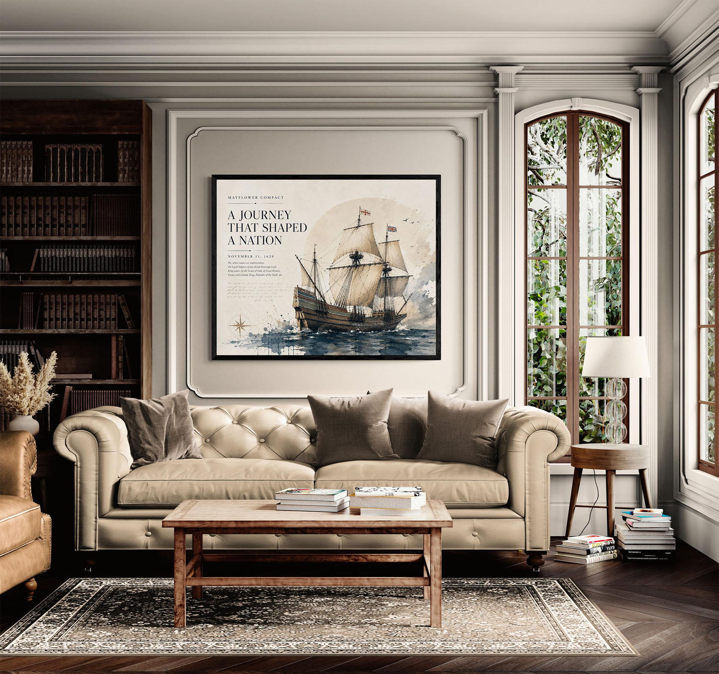 Mayflower Compact Wall Art Print, Pilgrim Ship Watercolor, American History Home Decor, Colonial Maritime Artwork, Founding Documents Gift