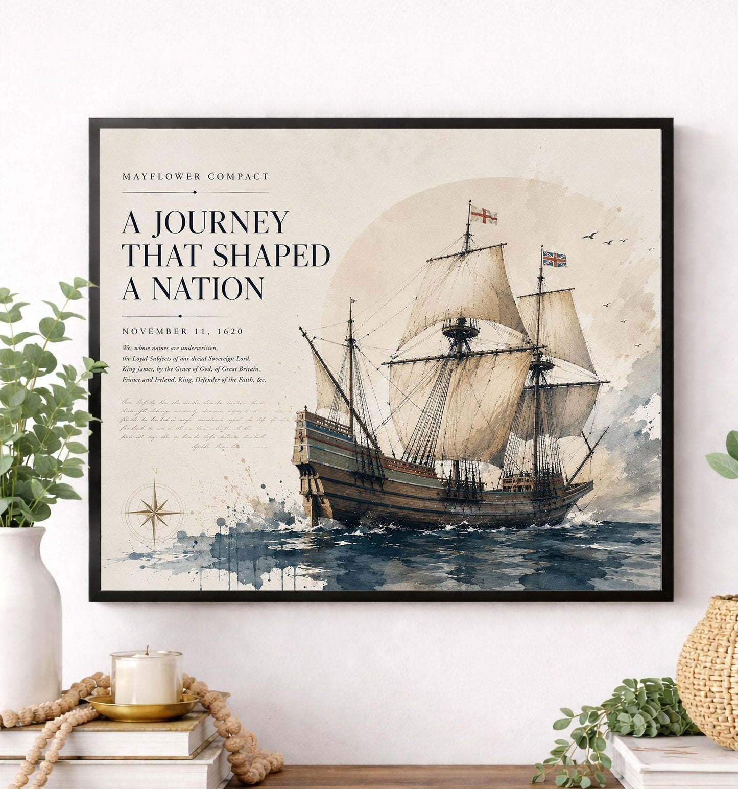 Mayflower Compact Wall Art Print, Pilgrim Ship Watercolor, American History Home Decor, Colonial Maritime Artwork, Founding Documents Gift