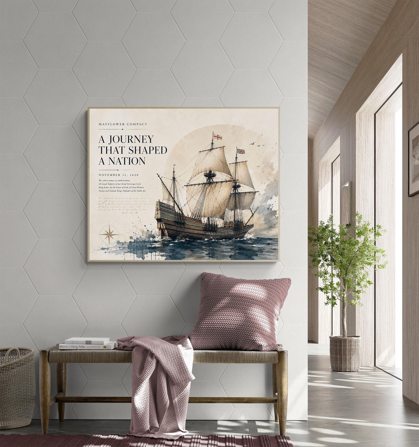 Mayflower Compact Wall Art Print, Pilgrim Ship Watercolor, American History Home Decor, Colonial Maritime Artwork, Founding Documents Gift