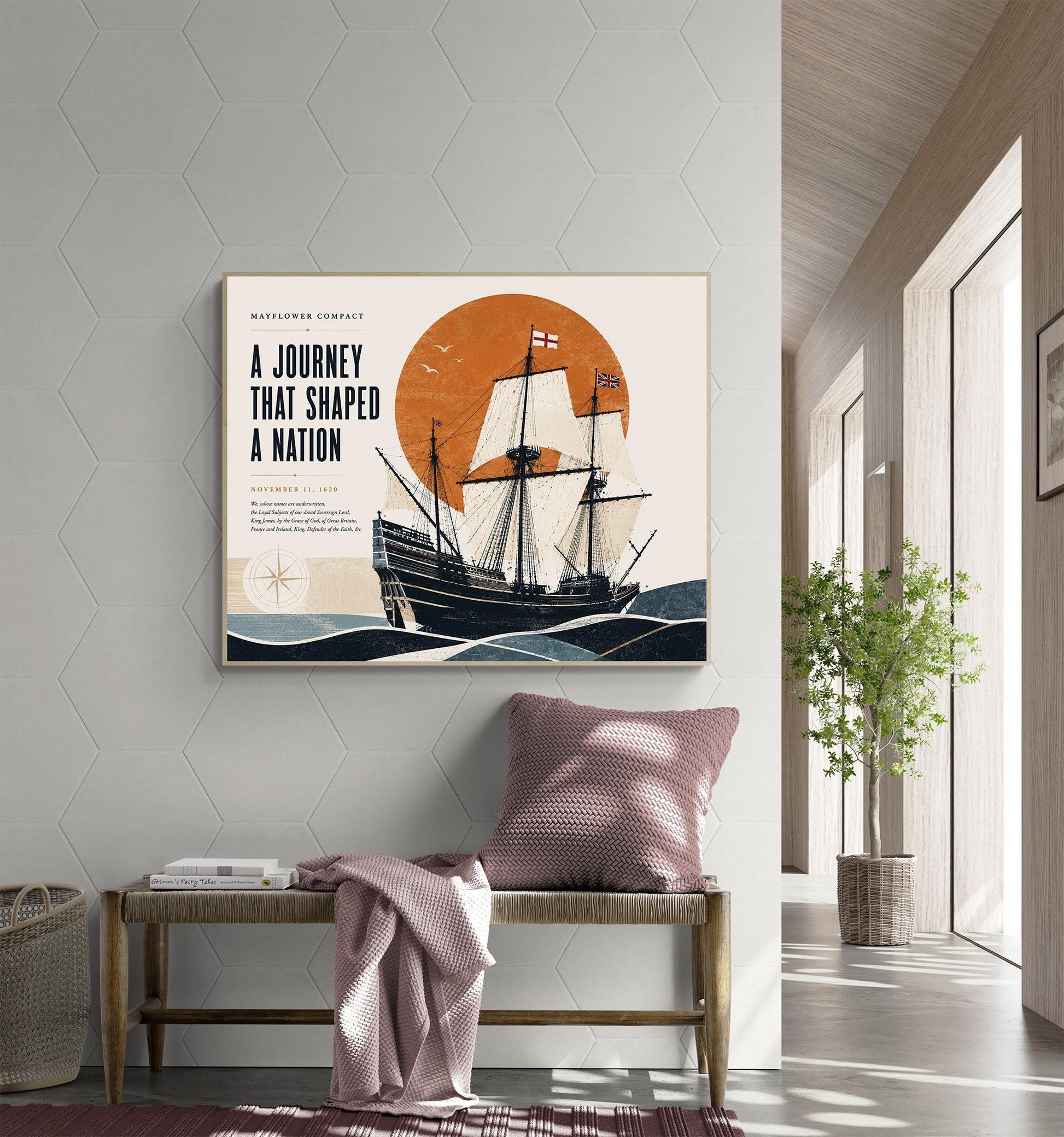 Mayflower Compact Wall Art Print, Pilgrim Ship Poster, American History Home Decor, Coastal Historical Artwork, Founding Documents Gift