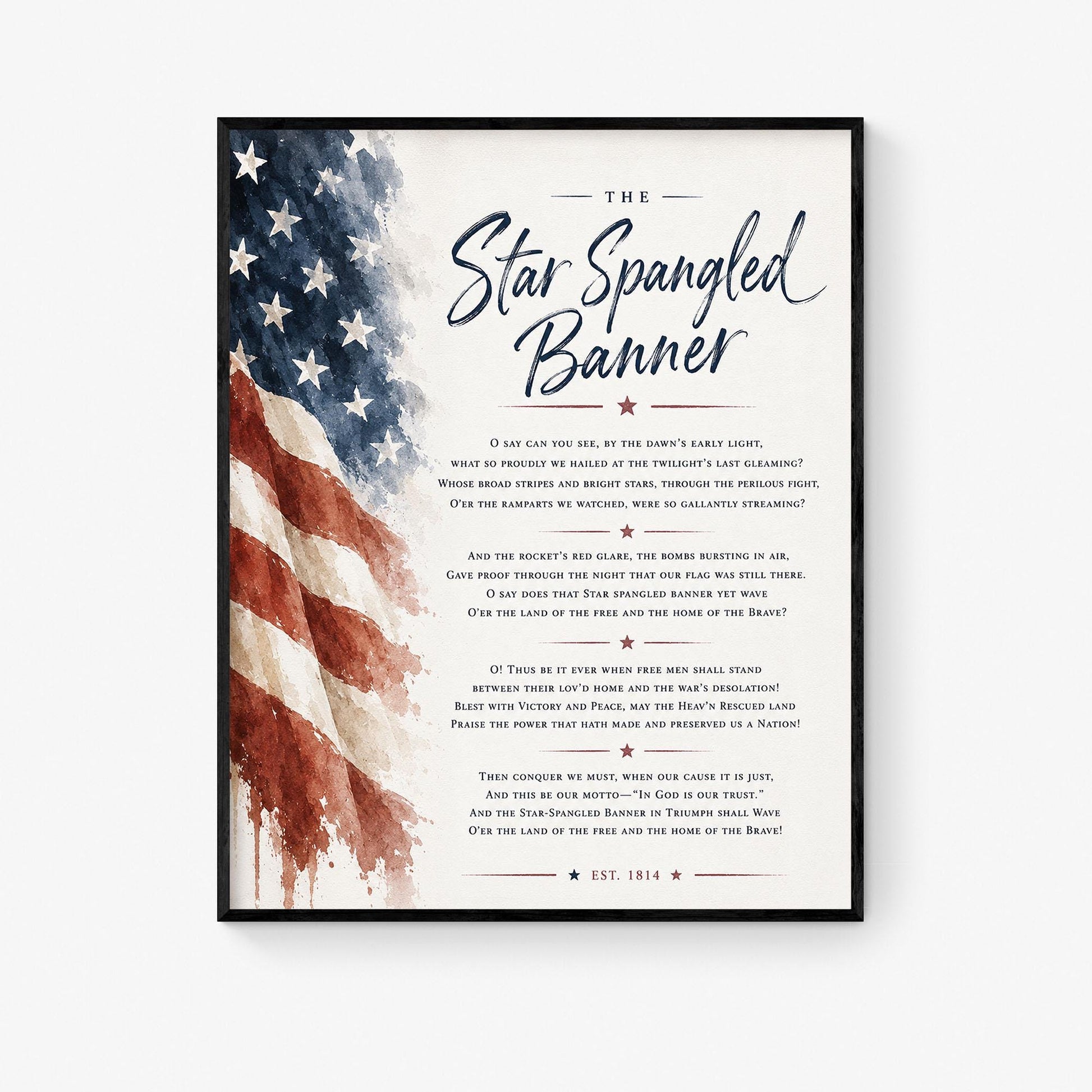 Star Spangled Banner Wall Art Print | American National Anthem | Freedom Patriotic Home Decor | Watercolor Flag | Lyrics Artwork