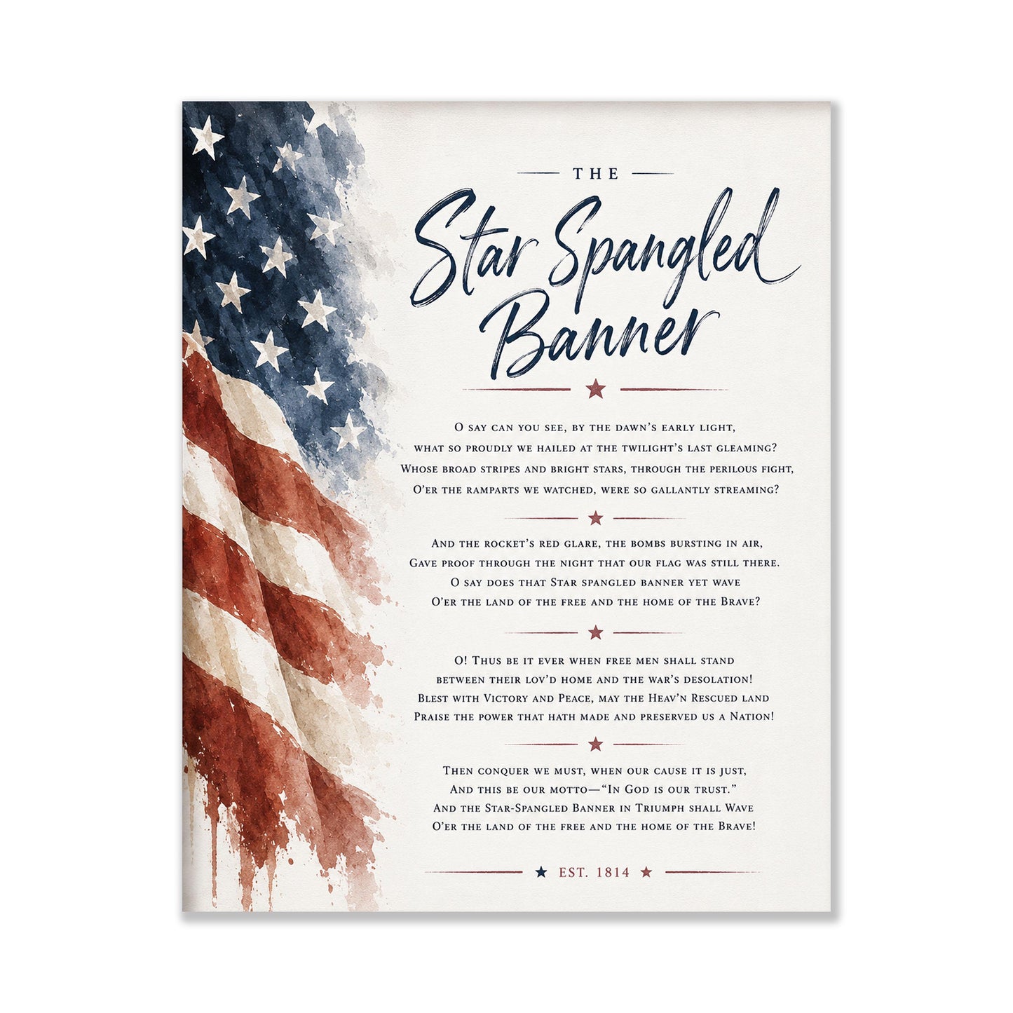 Star Spangled Banner Wall Art Print | American National Anthem | Freedom Patriotic Home Decor | Watercolor Flag | Lyrics Artwork