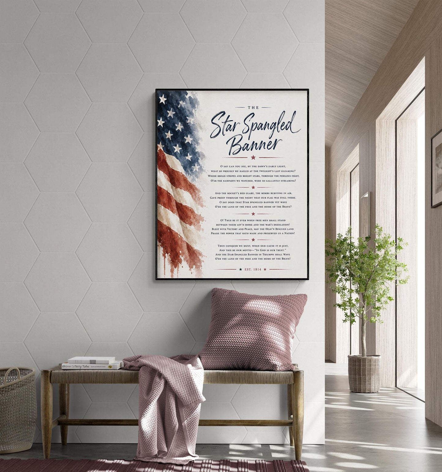 Star Spangled Banner Wall Art Print | American National Anthem | Freedom Patriotic Home Decor | Watercolor Flag | Lyrics Artwork