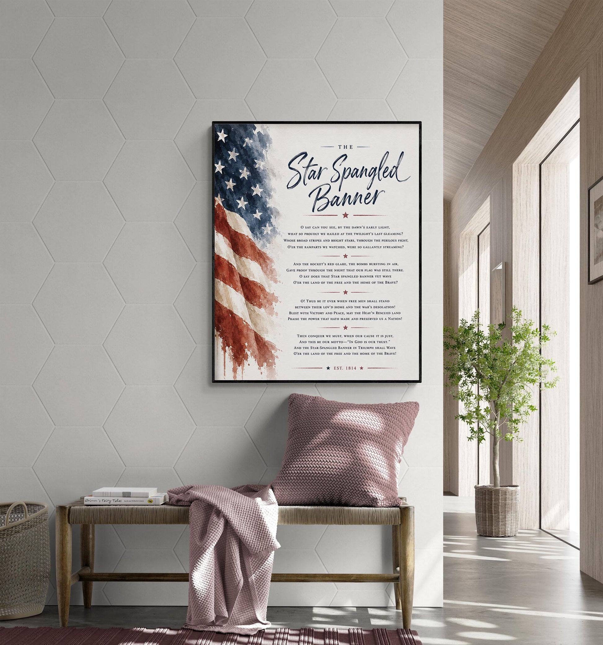 Star Spangled Banner Wall Art Print | American National Anthem | Freedom Patriotic Home Decor | Watercolor Flag | Lyrics Artwork