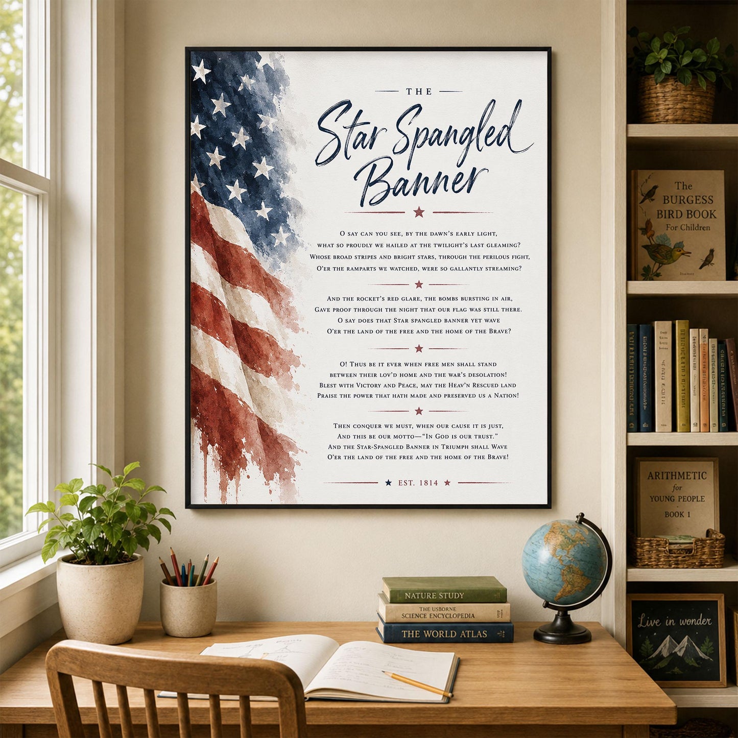 Star Spangled Banner Wall Art Print | American National Anthem | Freedom Patriotic Home Decor | Watercolor Flag | Lyrics Artwork