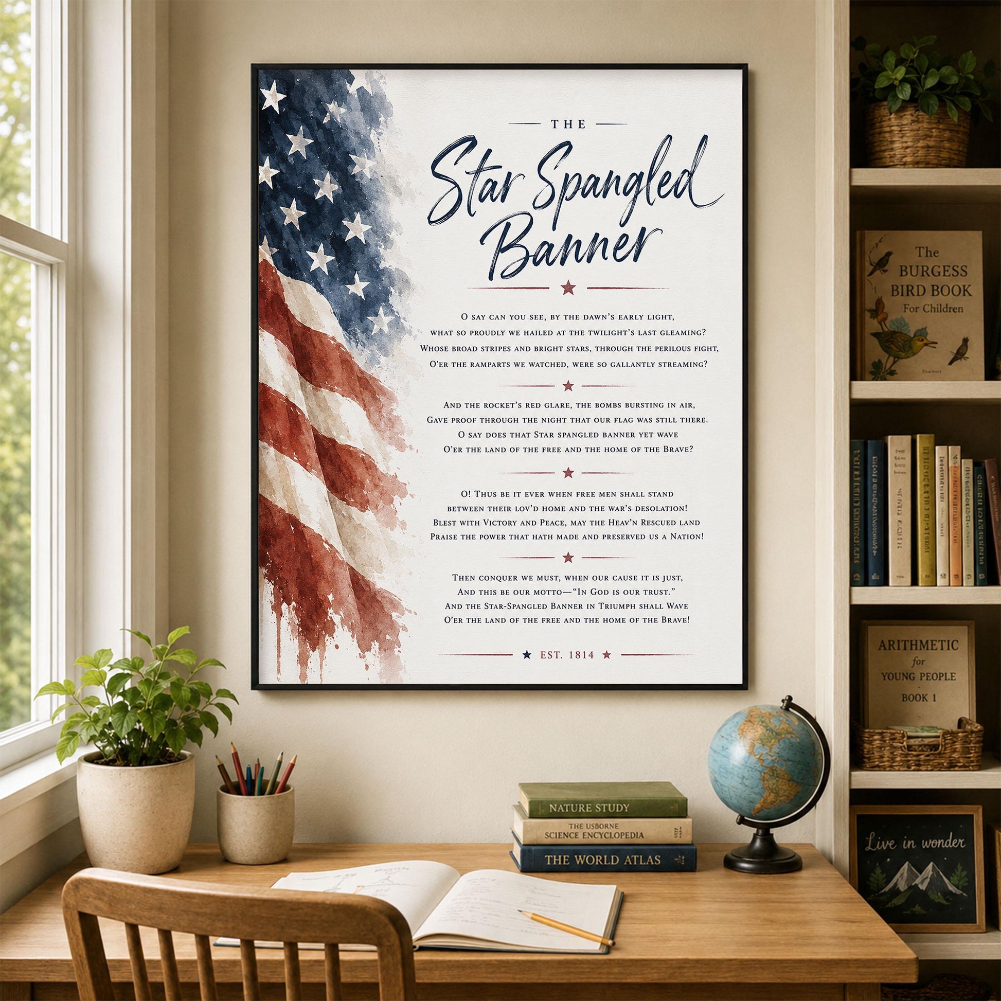 Star Spangled Banner Wall Art Print | American National Anthem | Freedom Patriotic Home Decor | Watercolor Flag | Lyrics Artwork
