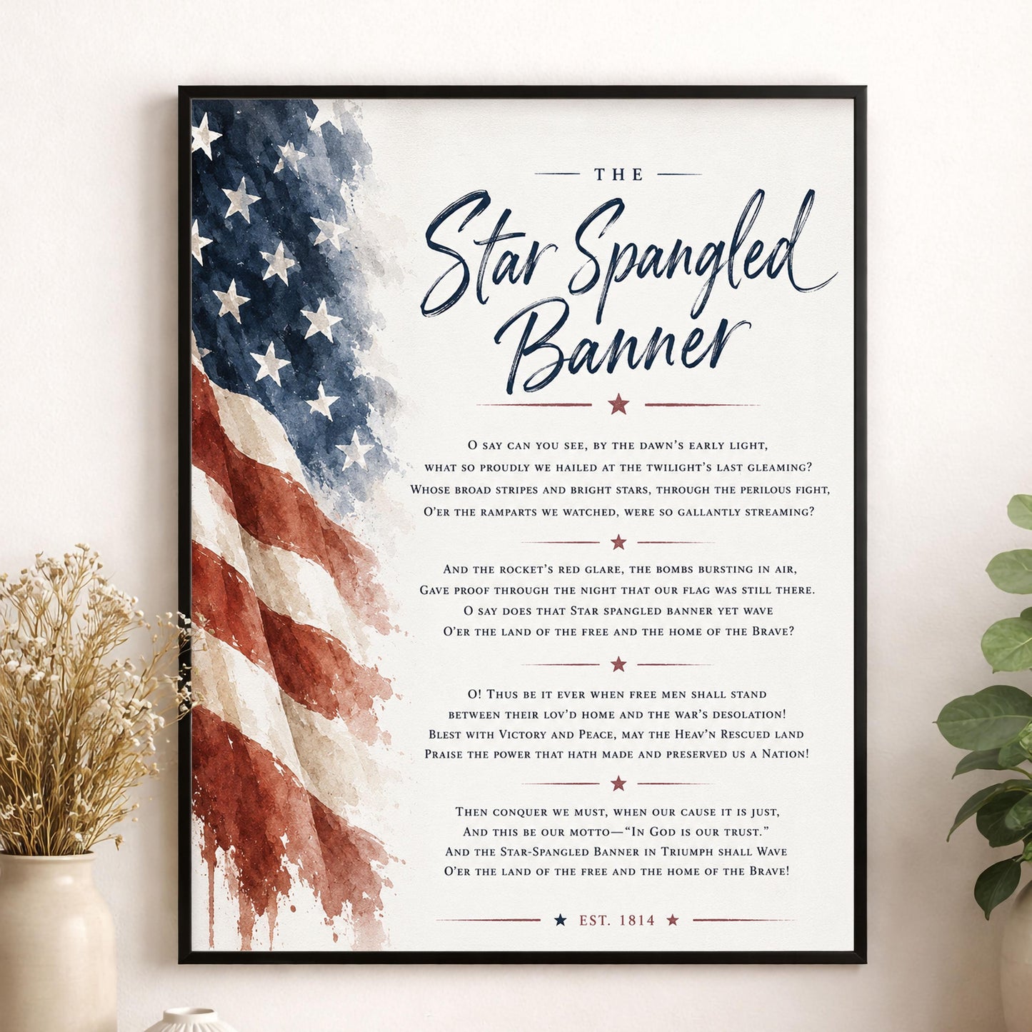 Star Spangled Banner Wall Art Print | American National Anthem | Freedom Patriotic Home Decor | Watercolor Flag | Lyrics Artwork