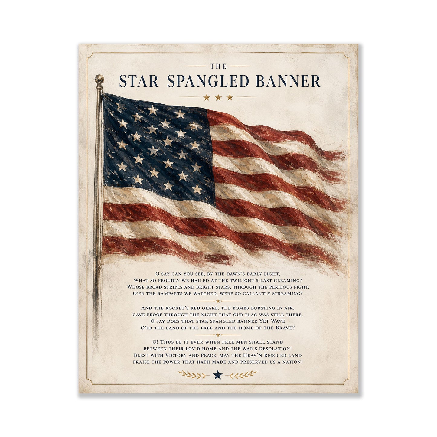 Star Spangled Banner Lyrics Wall Art Print | American National Anthem | Freedom Patriotic Home Decor | Watercolor Flag | Music Artwork