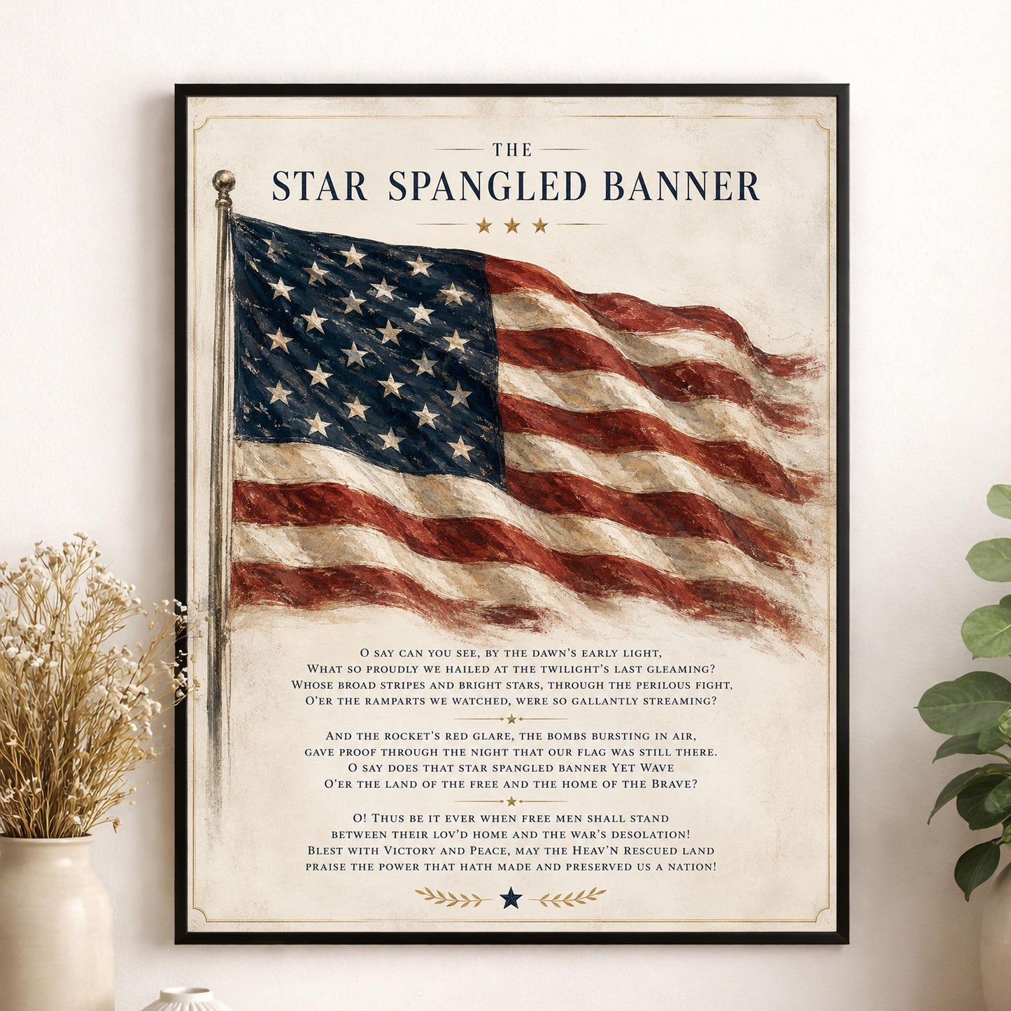 Star Spangled Banner Lyrics Wall Art Print | American National Anthem | Freedom Patriotic Home Decor | Watercolor Flag | Music Artwork