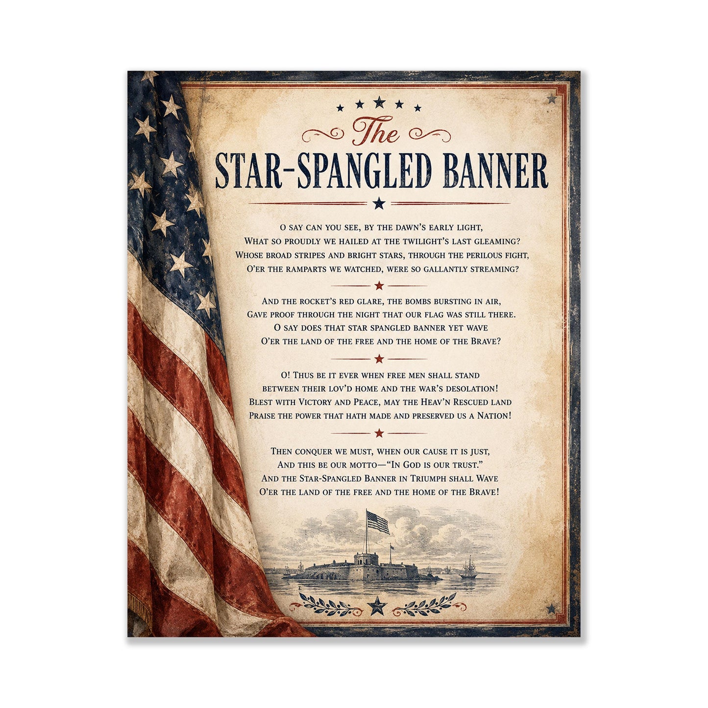 Star-Spangled Banner Wall Art Print, National Anthem Poster, Patriotic American Flag Decor, War of 1812 History, Americana Gift