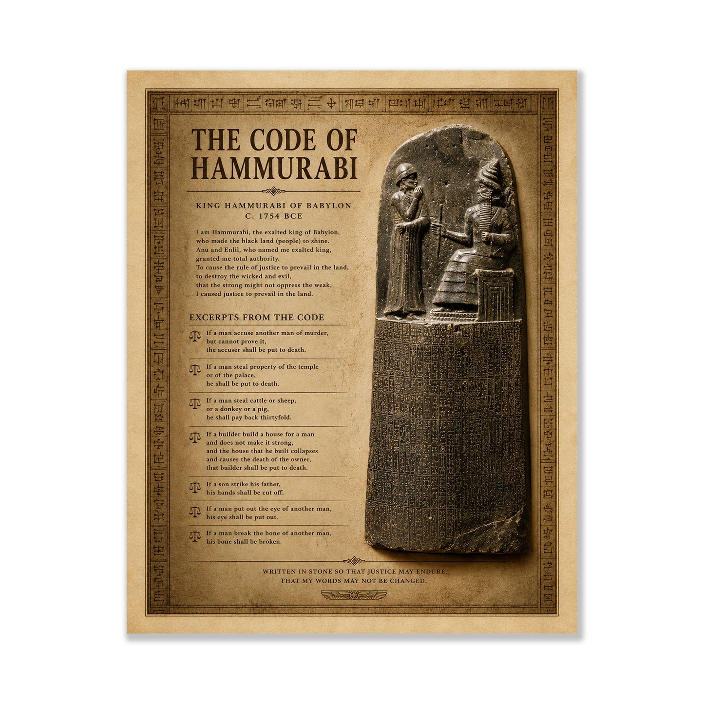 Code of Hammurabi Wall Art Print | Ancient Mesopotamia | Babylonian Law | Social Studies Classroom | History Teacher | Home Decor Artwork