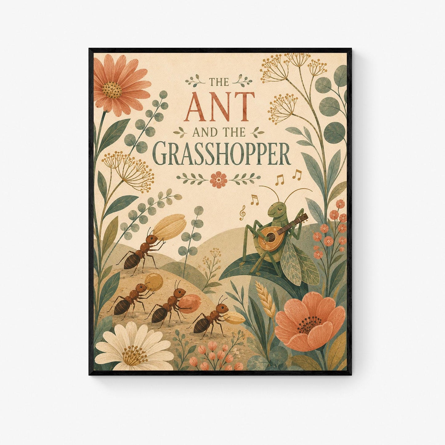 The Ant and the Grasshopper Nursery Wall Art Print | Aesop's Fable Home Decor | Reading Room | Kids Literature | Literary Poster