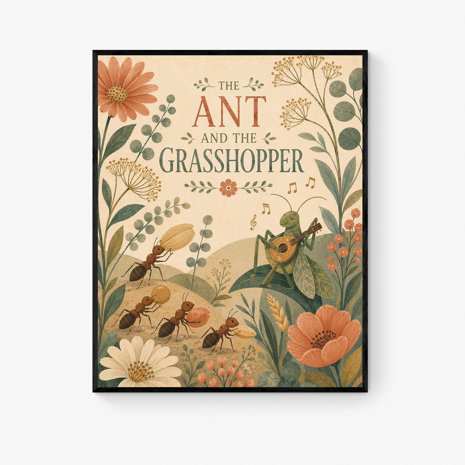 The Ant and the Grasshopper Nursery Wall Art Print | Aesop's Fable Home Decor | Reading Room | Kids Literature | Literary Poster