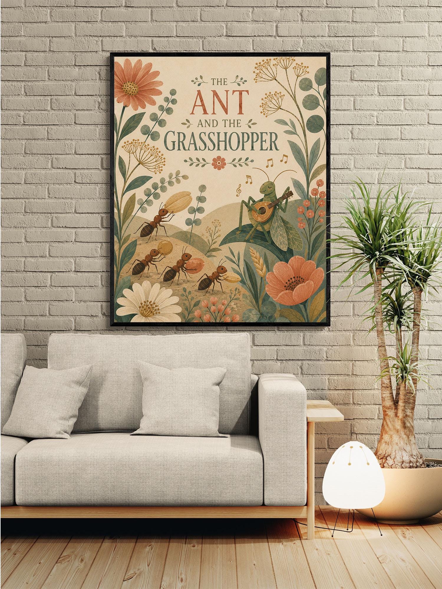 The Ant and the Grasshopper Nursery Wall Art Print | Aesop's Fable Home Decor | Reading Room | Kids Literature | Literary Poster