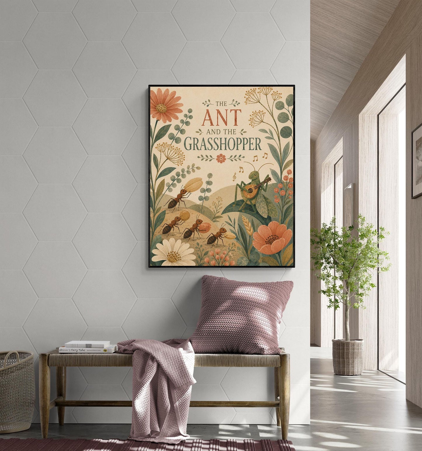 The Ant and the Grasshopper Nursery Wall Art Print | Aesop's Fable Home Decor | Reading Room | Kids Literature | Literary Poster