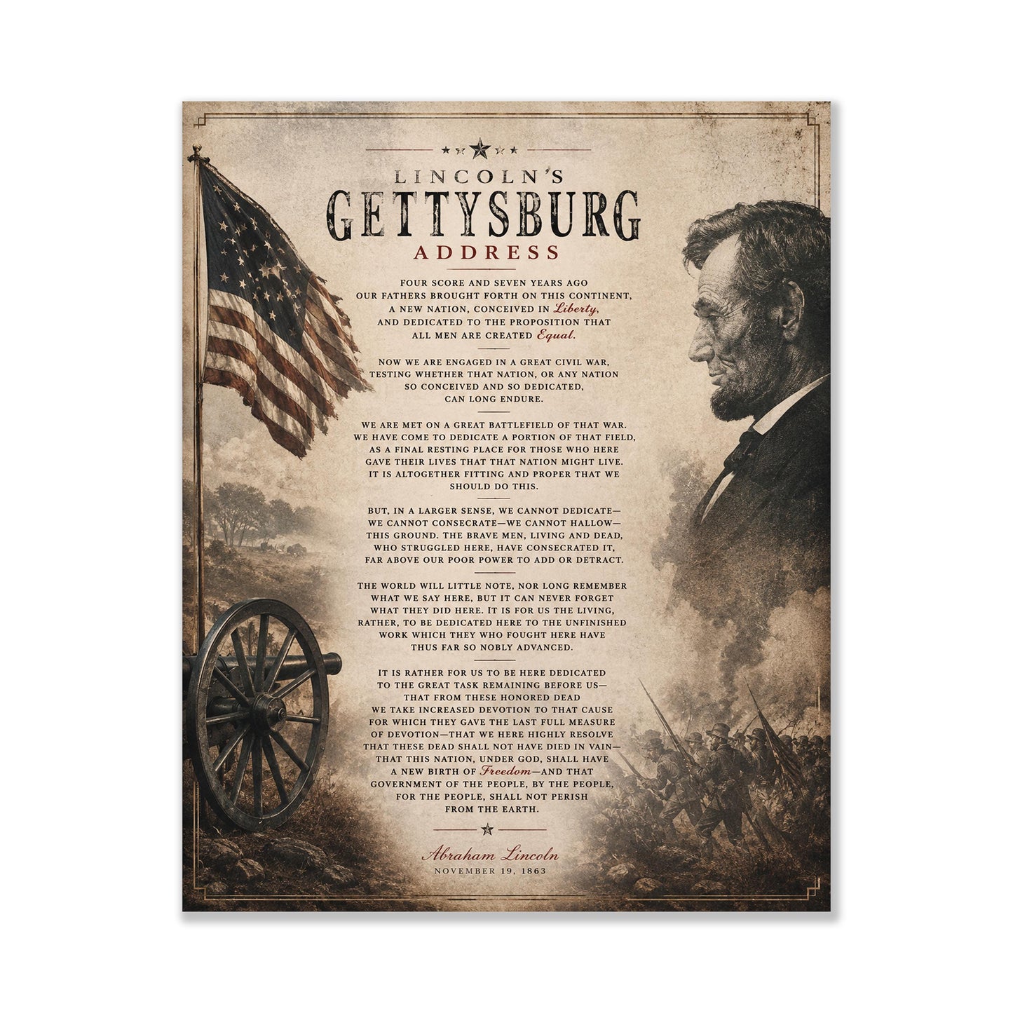 Lincoln's Gettysburg Address Wall Art Print | American Civil War | Historical Americana | Vintage Patriotic Home Decor