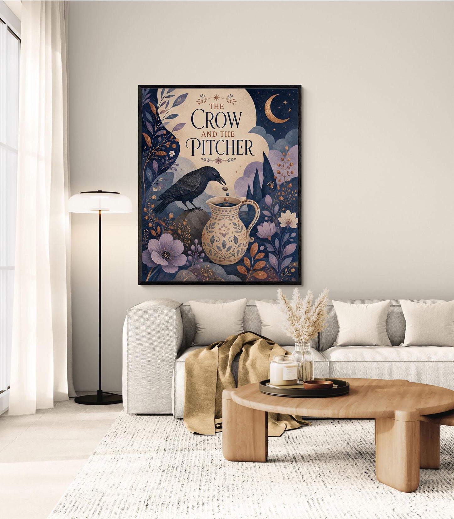 The Crow and the Pitcher Nursery Wall Art Print | Aesop's Fable Home Decor | Reading Room | Kids Literature | Literary Poster