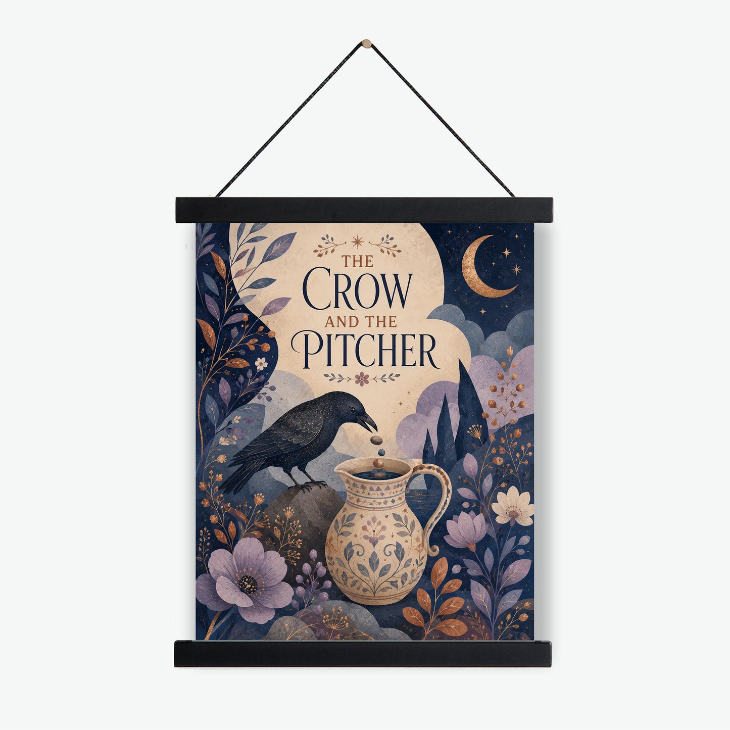 The Crow and the Pitcher Nursery Wall Art Print | Aesop's Fable Home Decor | Reading Room | Kids Literature | Literary Poster