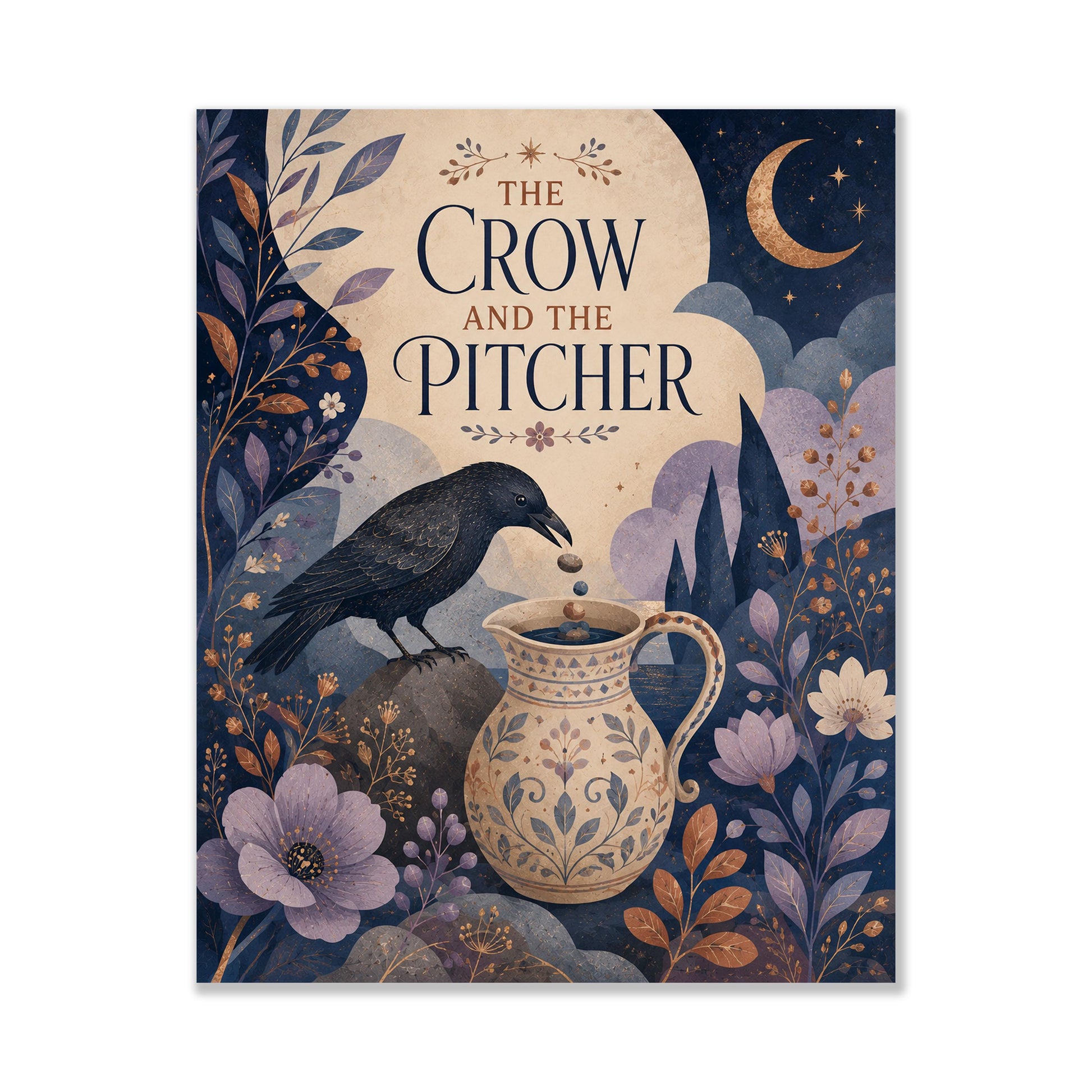 The Crow and the Pitcher Nursery Wall Art Print | Aesop's Fable Home Decor | Reading Room | Kids Literature | Literary Poster