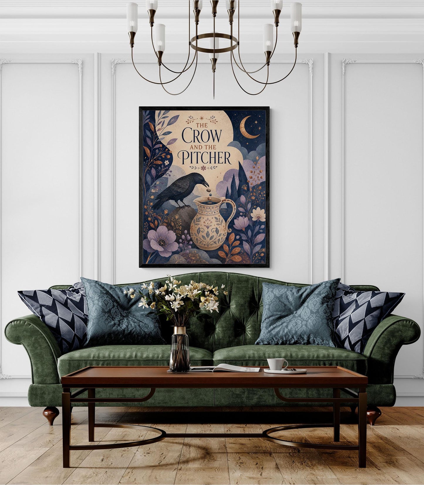 The Crow and the Pitcher Nursery Wall Art Print | Aesop's Fable Home Decor | Reading Room | Kids Literature | Literary Poster