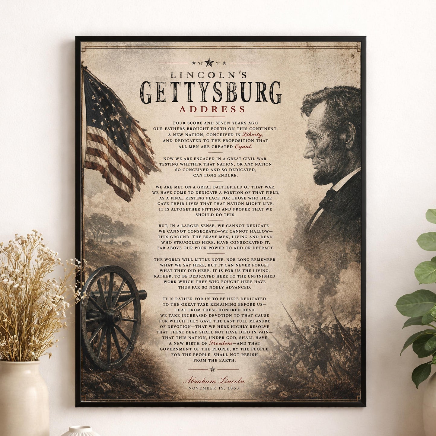 Lincoln's Gettysburg Address Wall Art Print | American Civil War | Historical Americana | Vintage Patriotic Home Decor